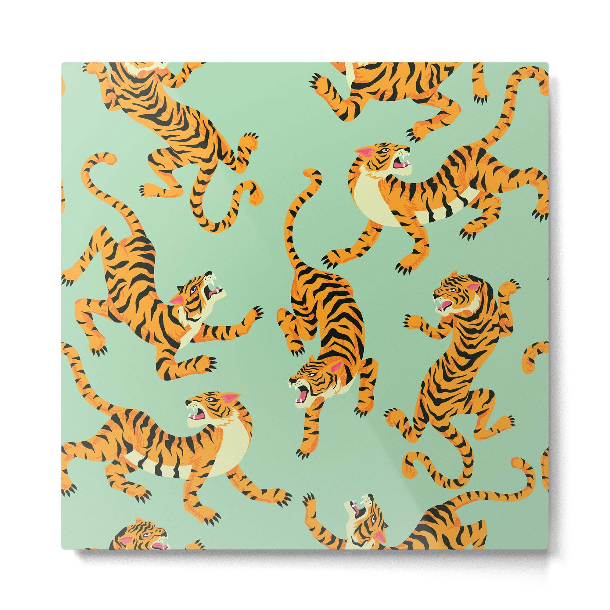 Mint Green Roaring Tiger Pattern Metal Print | TeksDecor