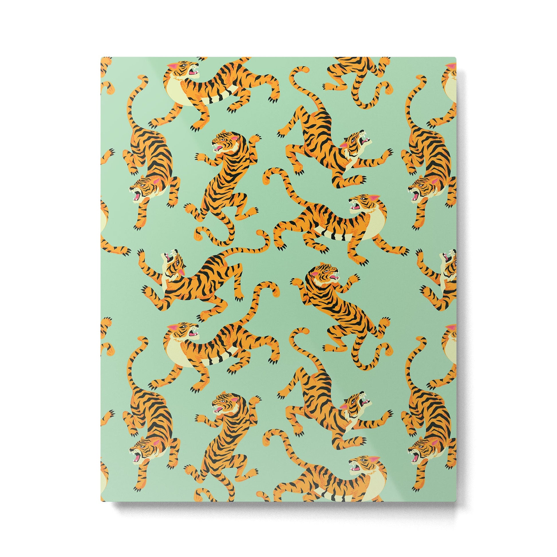 Mint Green Roaring Tiger Pattern Metal Print | TeksDecor