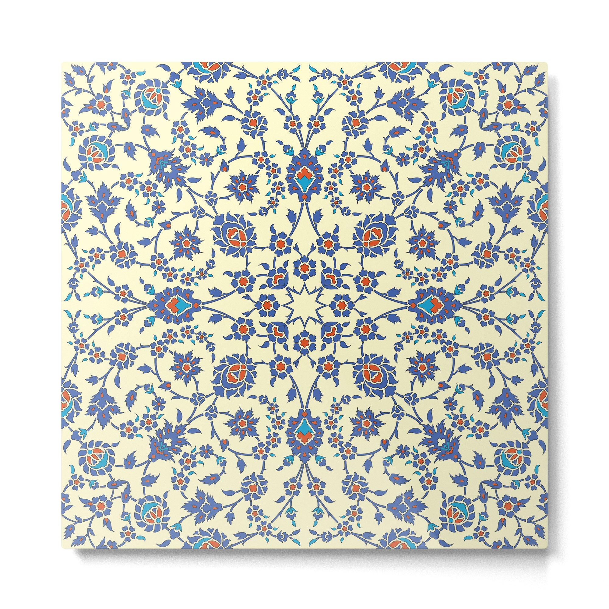 Ottoman Arabesque Floral Pattern Lemon Blue Turquoise & Red Metal Print | TeksDecor