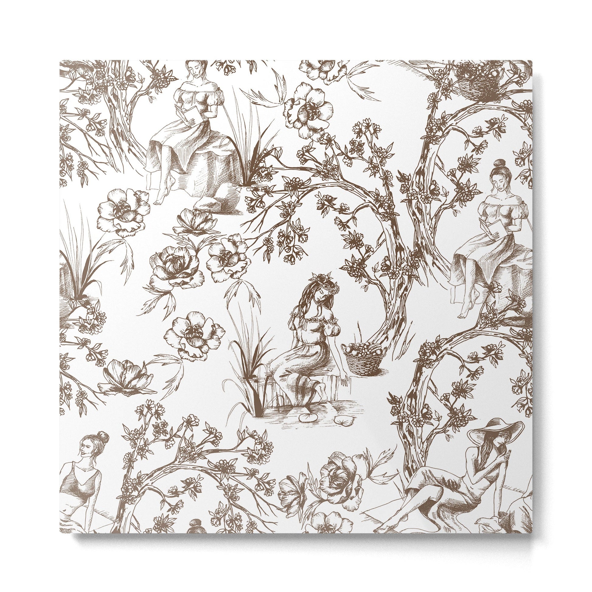Toile de Jouy Contemporary French Boho Dark Brown & White Metal Print | TeksDecor