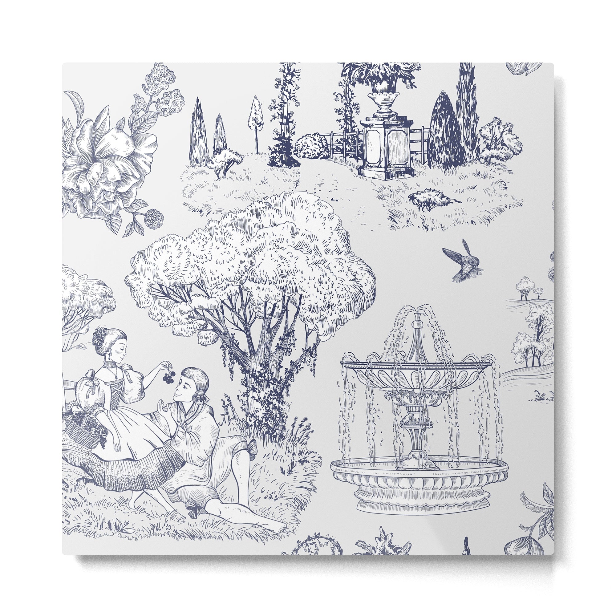 Toile de Jouy Modern Vintage French Lovers Blue & White Art Print Metal Print | TeksDecor