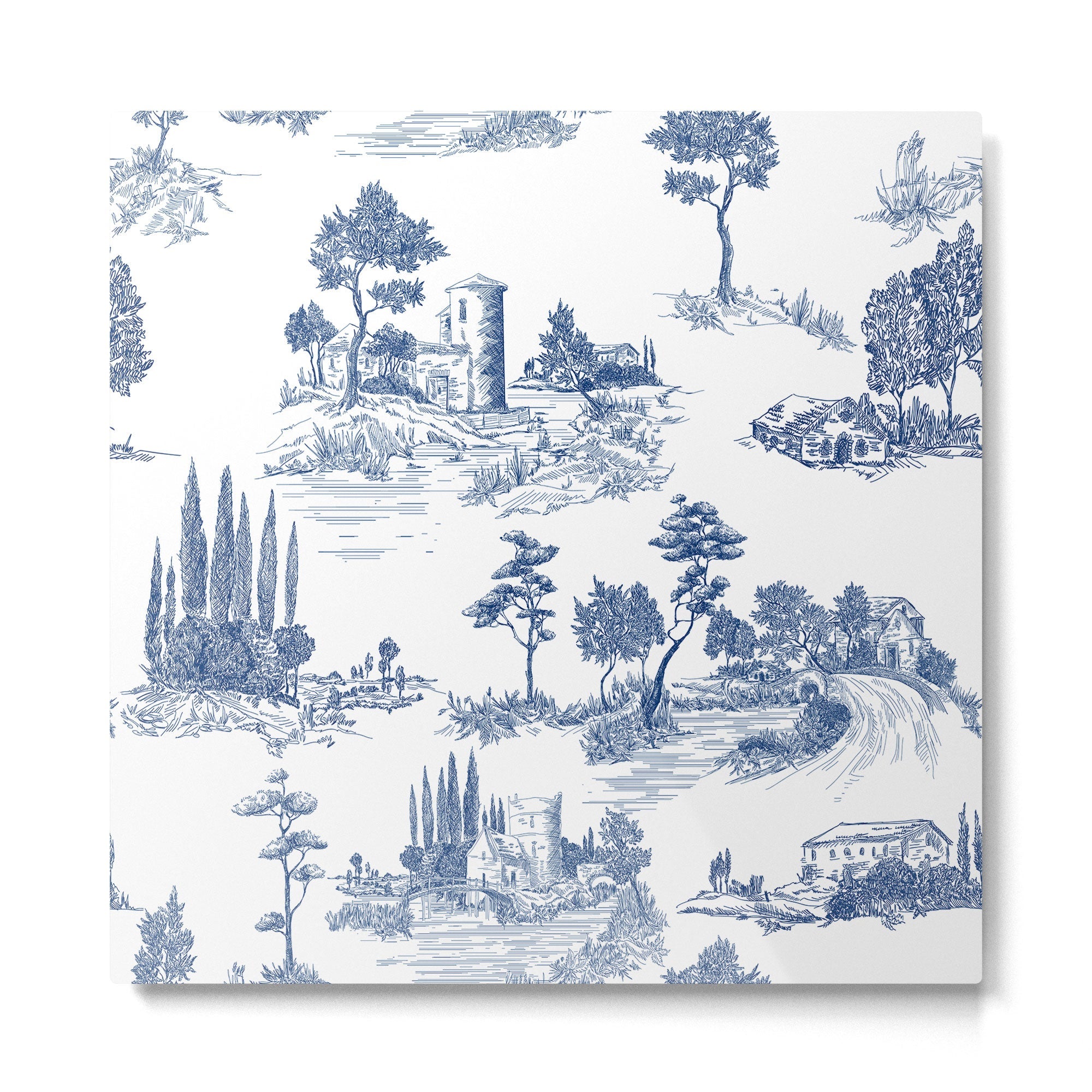 Toile de Jouy Vintage French Navy Blue White Pastoral Pattern Metal Print | TeksDecor