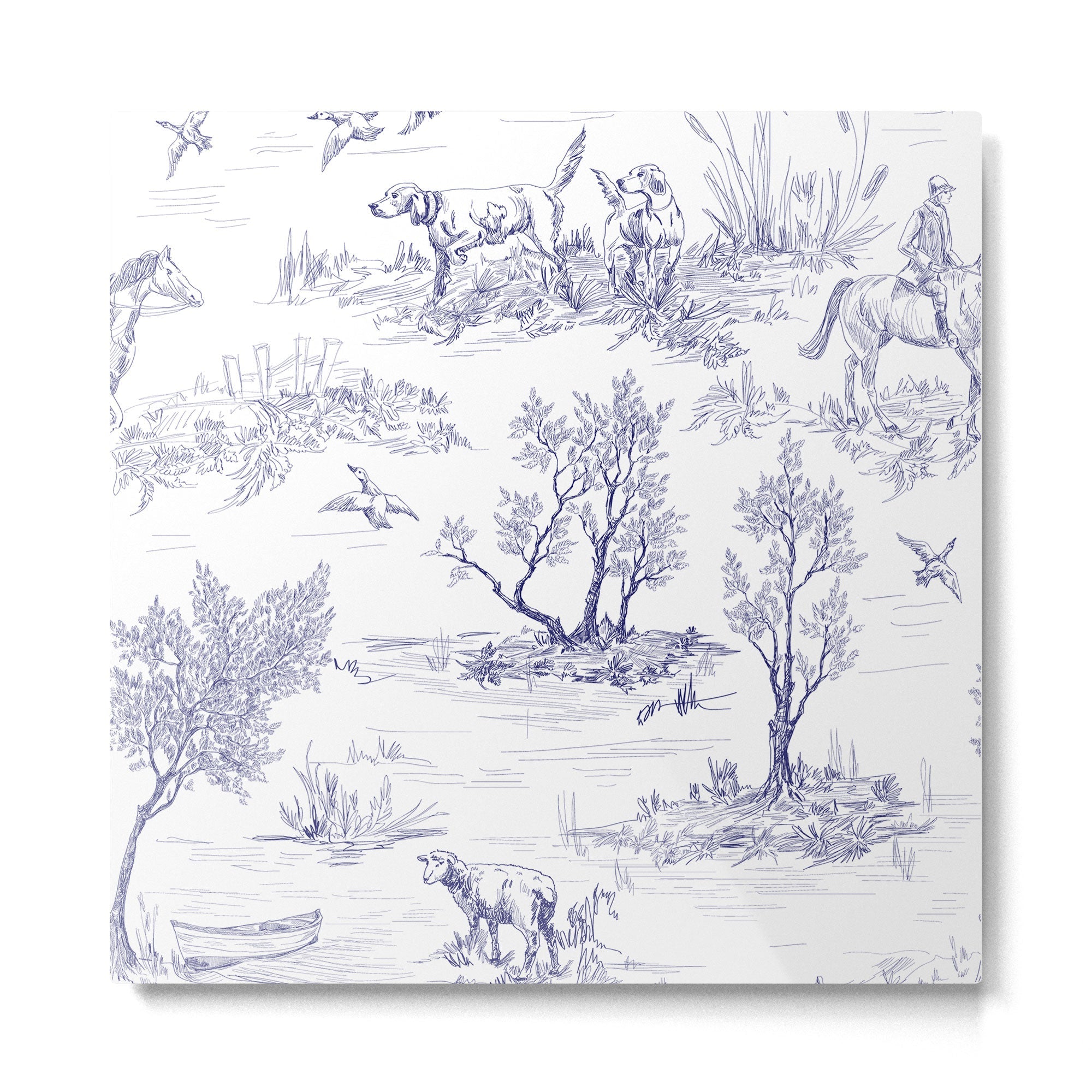 Toile de Jouy Vintage French Navy Blue White Pattern Metal Print | TeksDecor