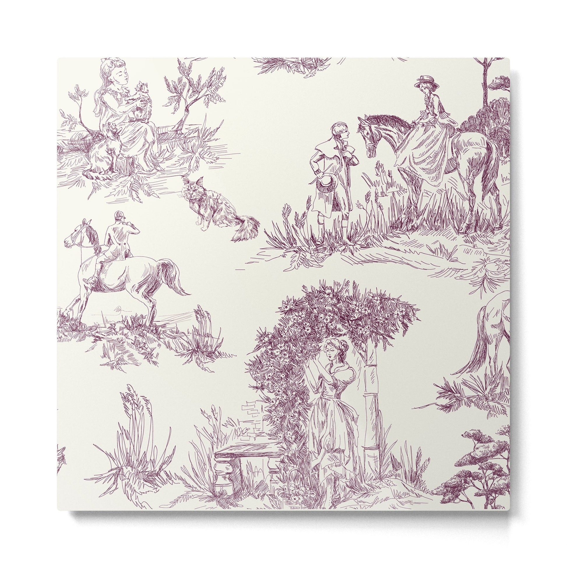 Toile de Jouy Vintage French Plum Cream Pastoral Pattern Metal Print | TeksDecor