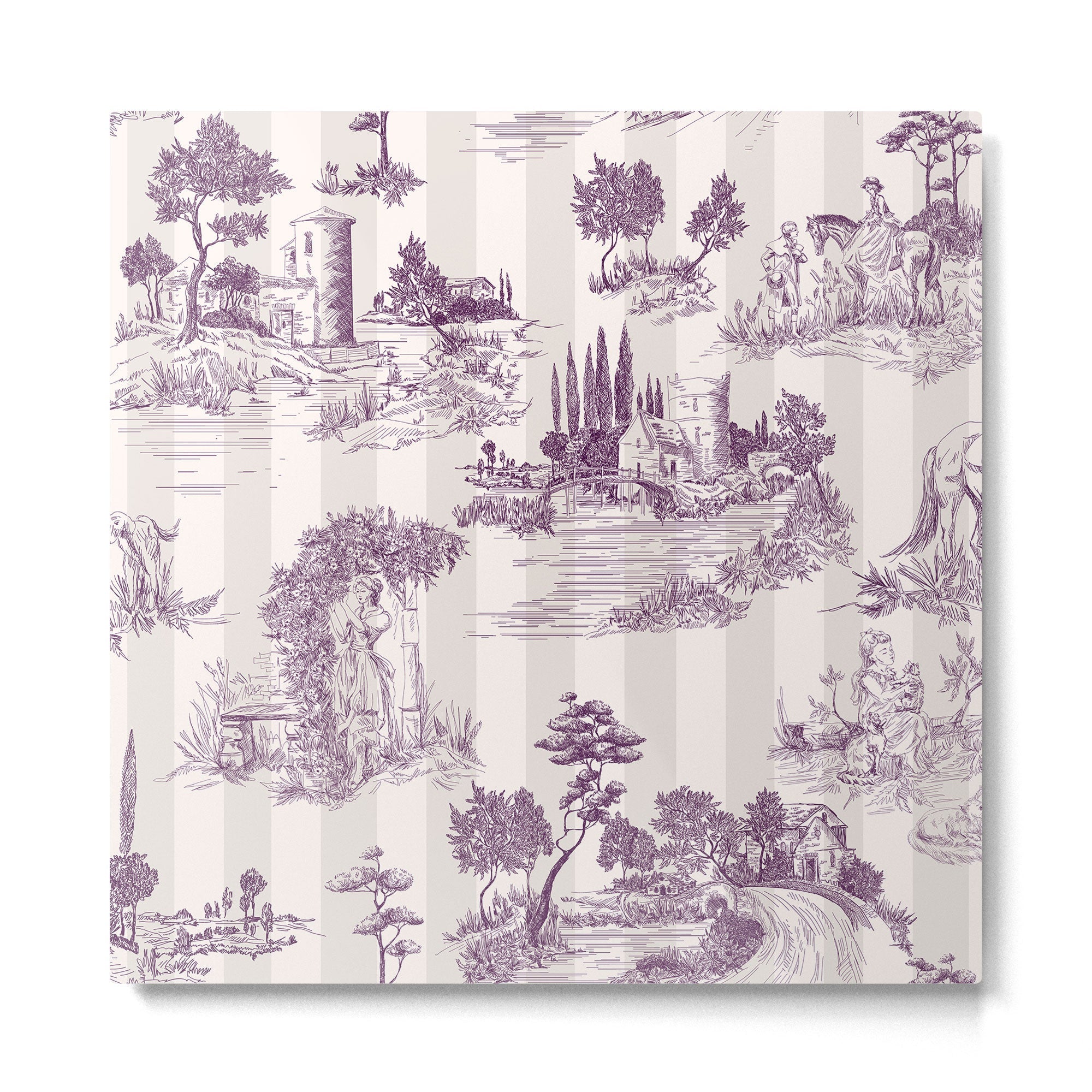 Toile de Jouy Vintage French Plum Striped Pastoral Pattern Metal Print | TeksDecor