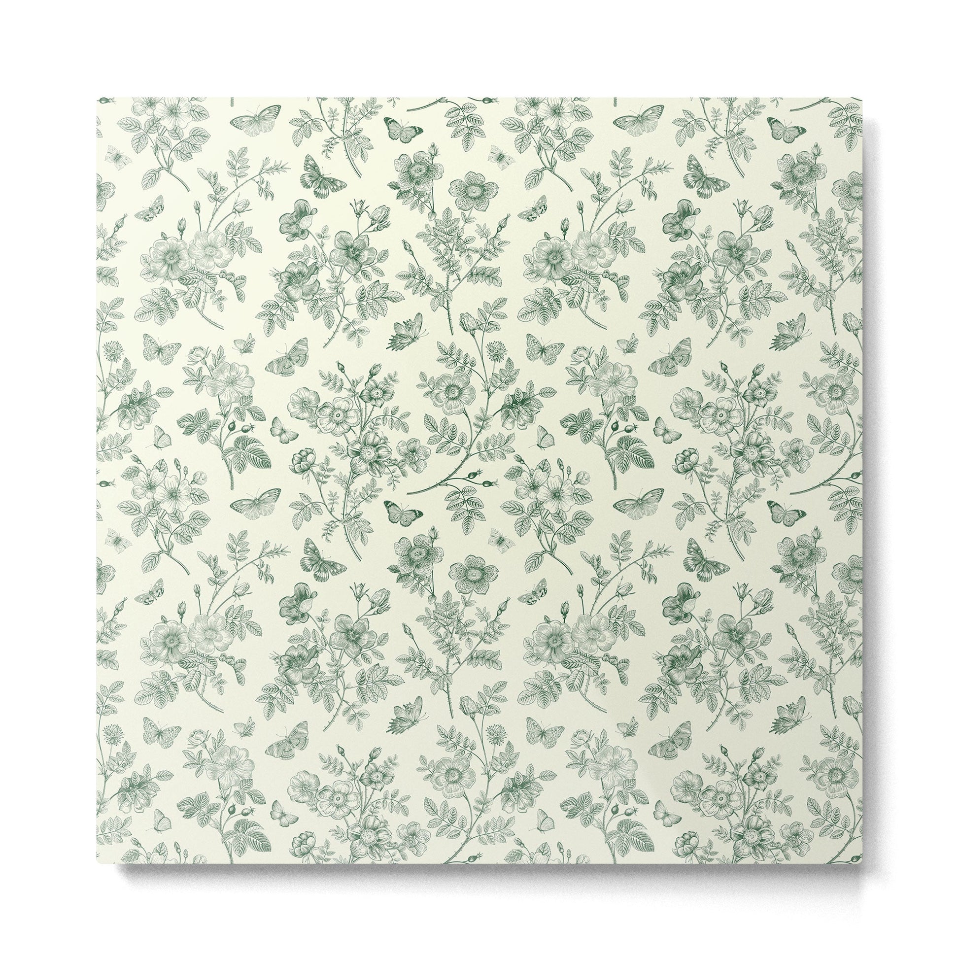 Toile de Jouy Wild Roses & Butterflies Forest Green Floral Metal Print | TeksDecor