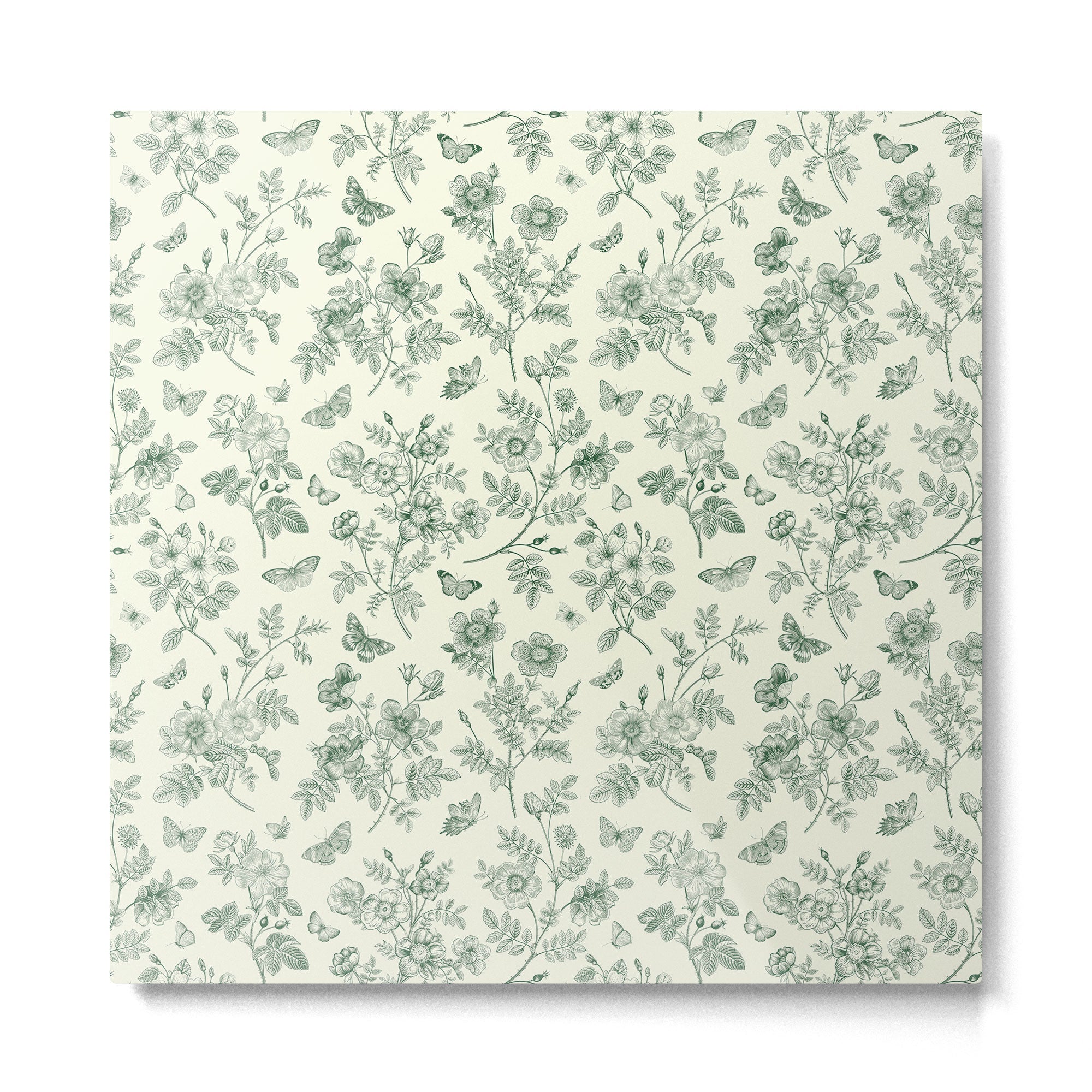 Toile de Jouy Wild Roses & Butterflies Forest Green Floral Metal Print | TeksDecor