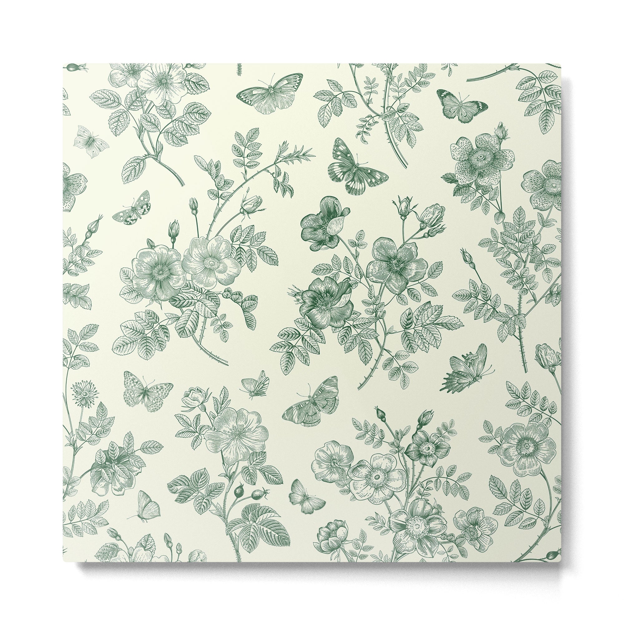 Toile de Jouy Wild Roses Forest Green Floral Metal Print | TeksDecor