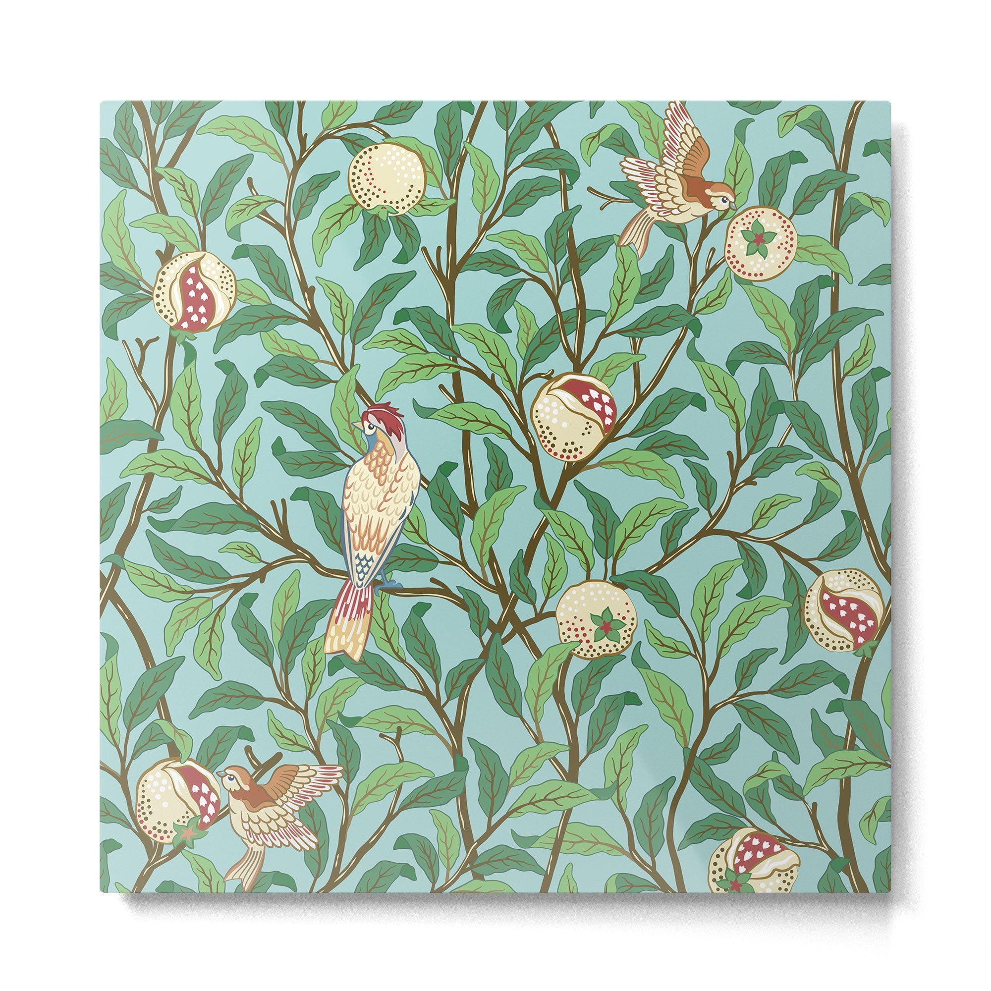 William Morris Enchanted Bird & Pomegranate Turquoise Green  Metal Print | TeksDecor