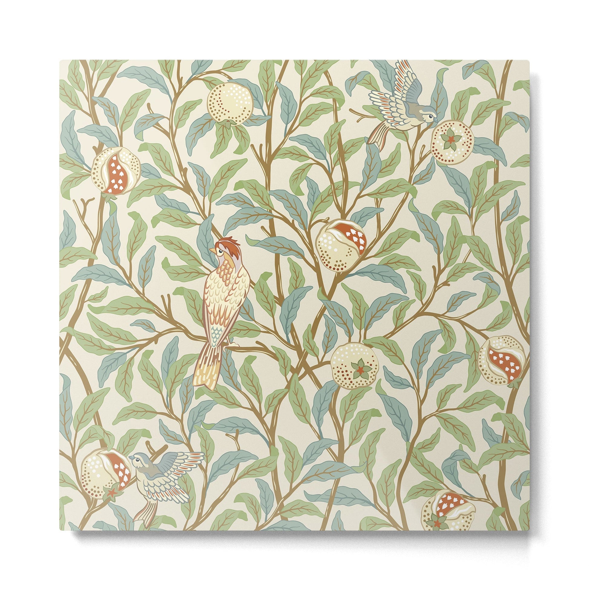 William Morris Enchanted Bird & Pomegranate Cream Pattern Metal Print | TeksDecor