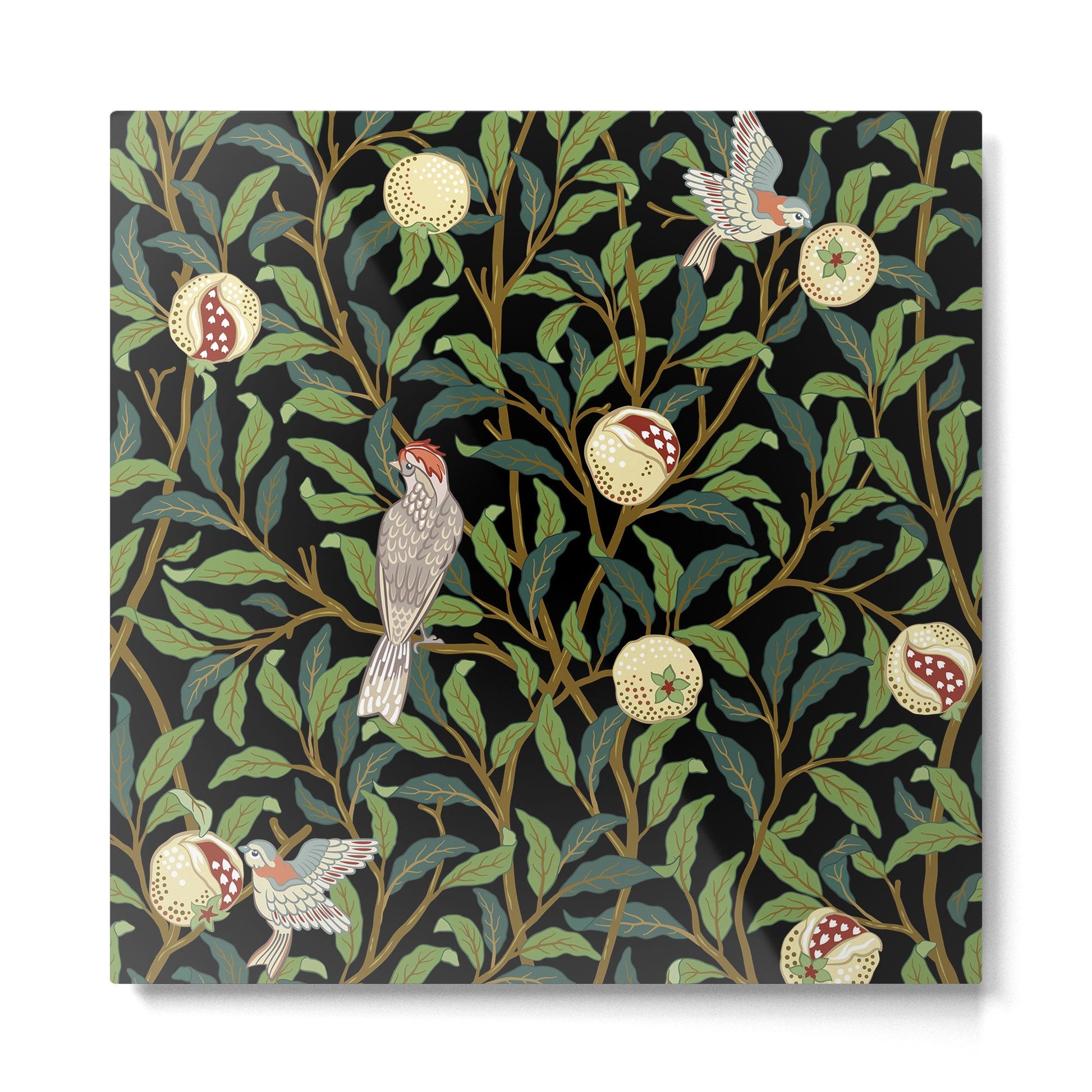 William Morris Enchanted Bird & Pomegranate Black Botanical Metal Print | TeksDecor