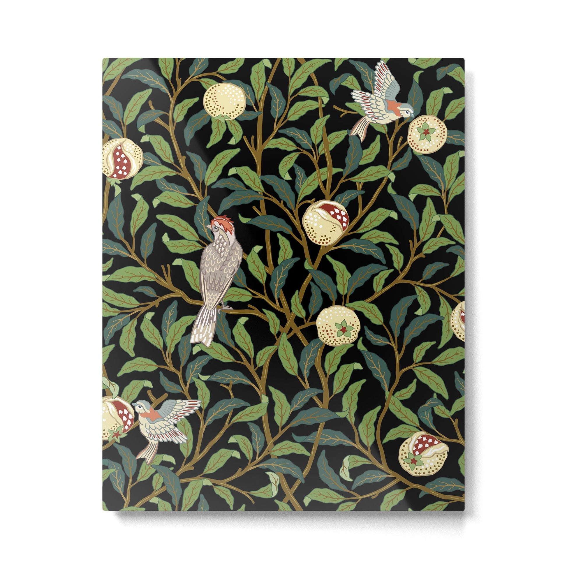William Morris Enchanted Bird & Pomegranate Black Botanical Metal Print | TeksDecor
