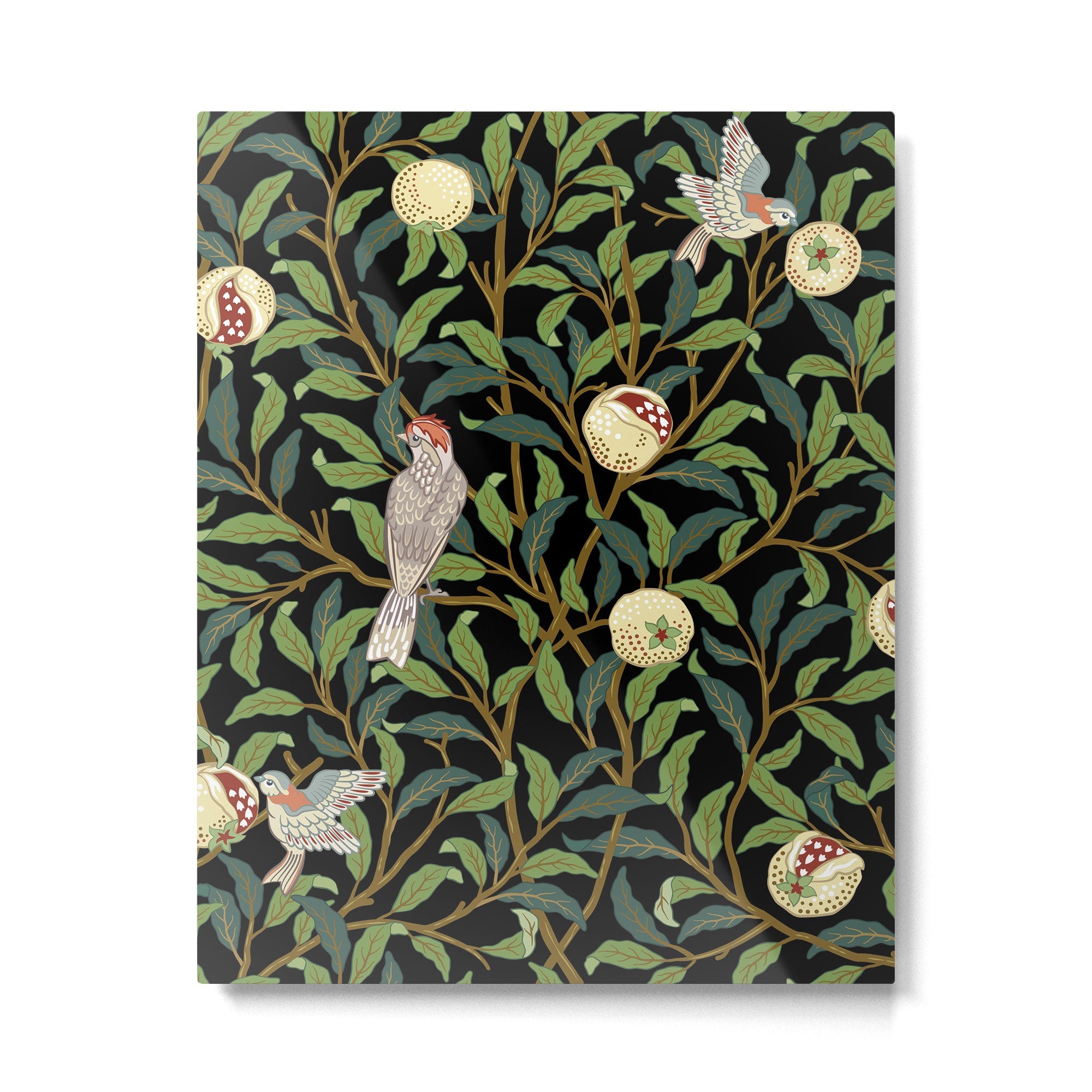 William Morris Enchanted Bird & Pomegranate Black Botanical Metal Print | TeksDecor