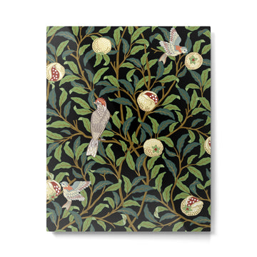 William Morris Enchanted Bird & Pomegranate Black Botanical Metal Print | TeksDecor