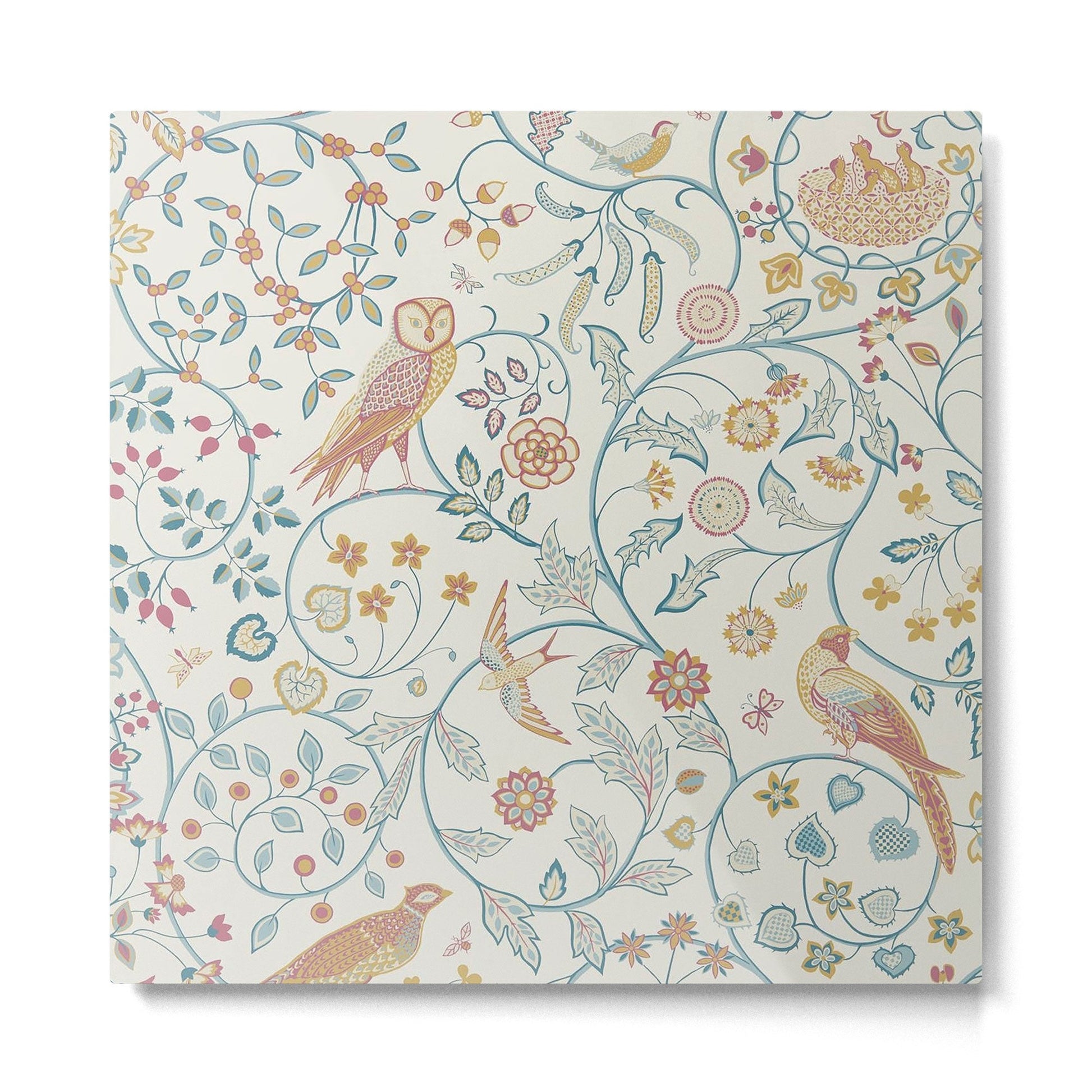 William Morris Newill Owl Art Indigo Saffron Vintage Pattern Metal Print | TeksDecor