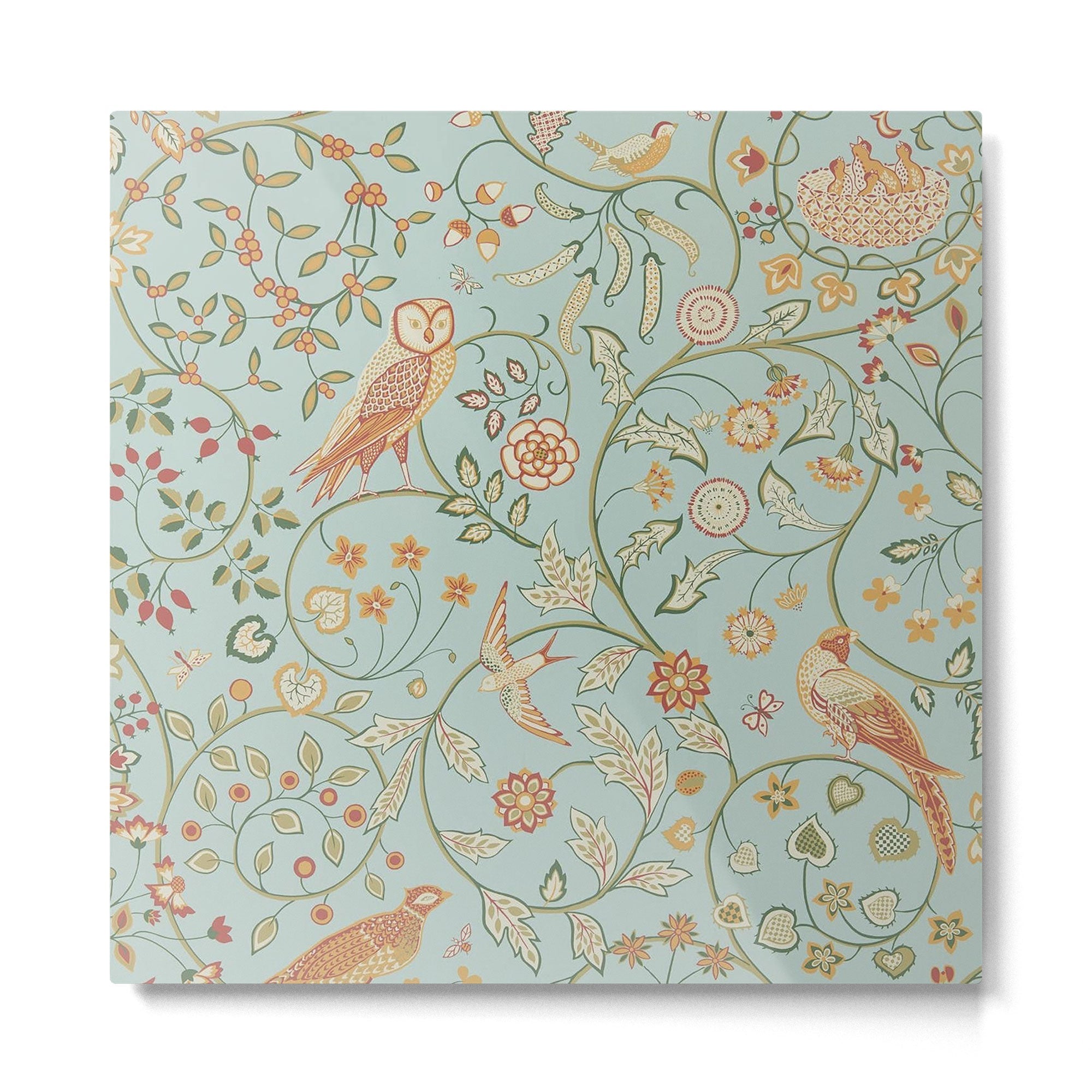 William Morris Newill Owl Art Blue Peppermint Russet Vintage Pattern Metal Print | TeksDecor