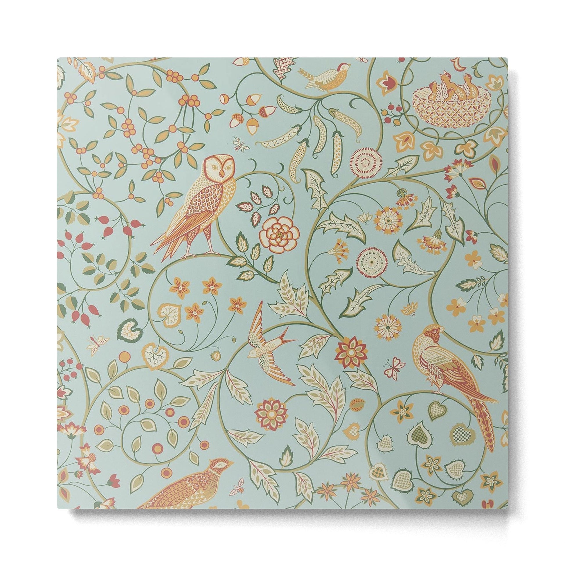 William Morris Newill Owl Art Blue Peppermint Russet Vintage Pattern Metal Print | TeksDecor