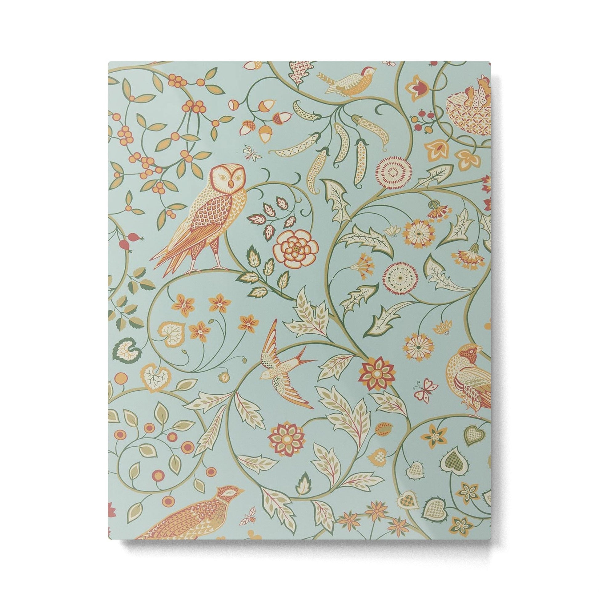 William Morris Newill Owl Art Blue Peppermint Russet Vintage Pattern Metal Print | TeksDecor