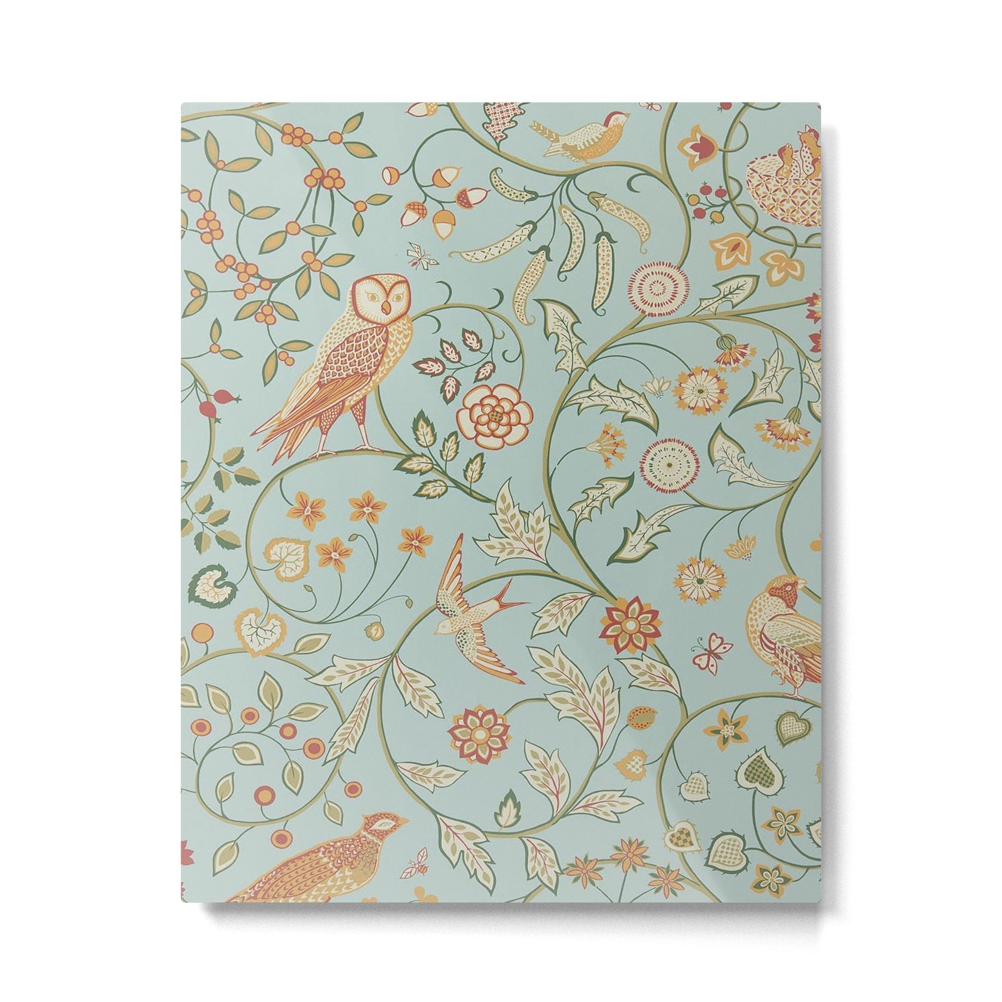 William Morris Newill Owl Art Blue Peppermint Russet Vintage Pattern Metal Print | TeksDecor