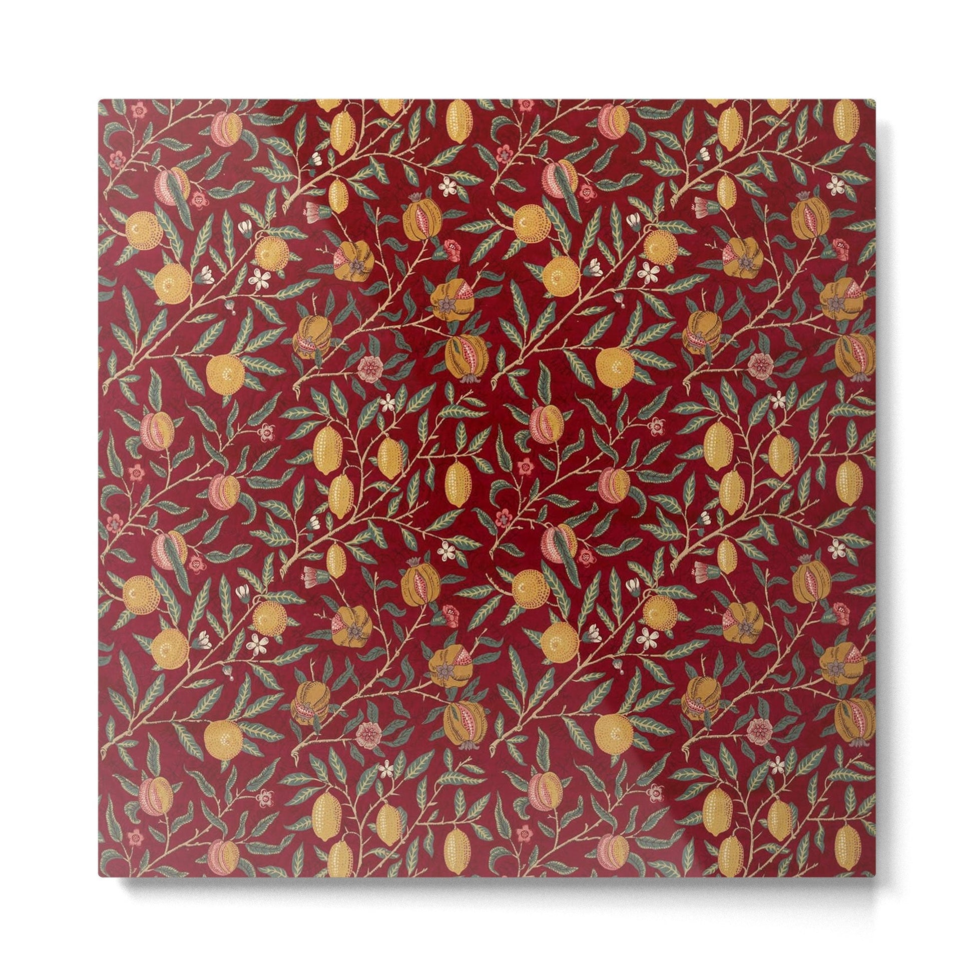William Morris Vintage Pomegranate Fruit Red Madder Bayleaf Pattern Metal Print | TeksDecor