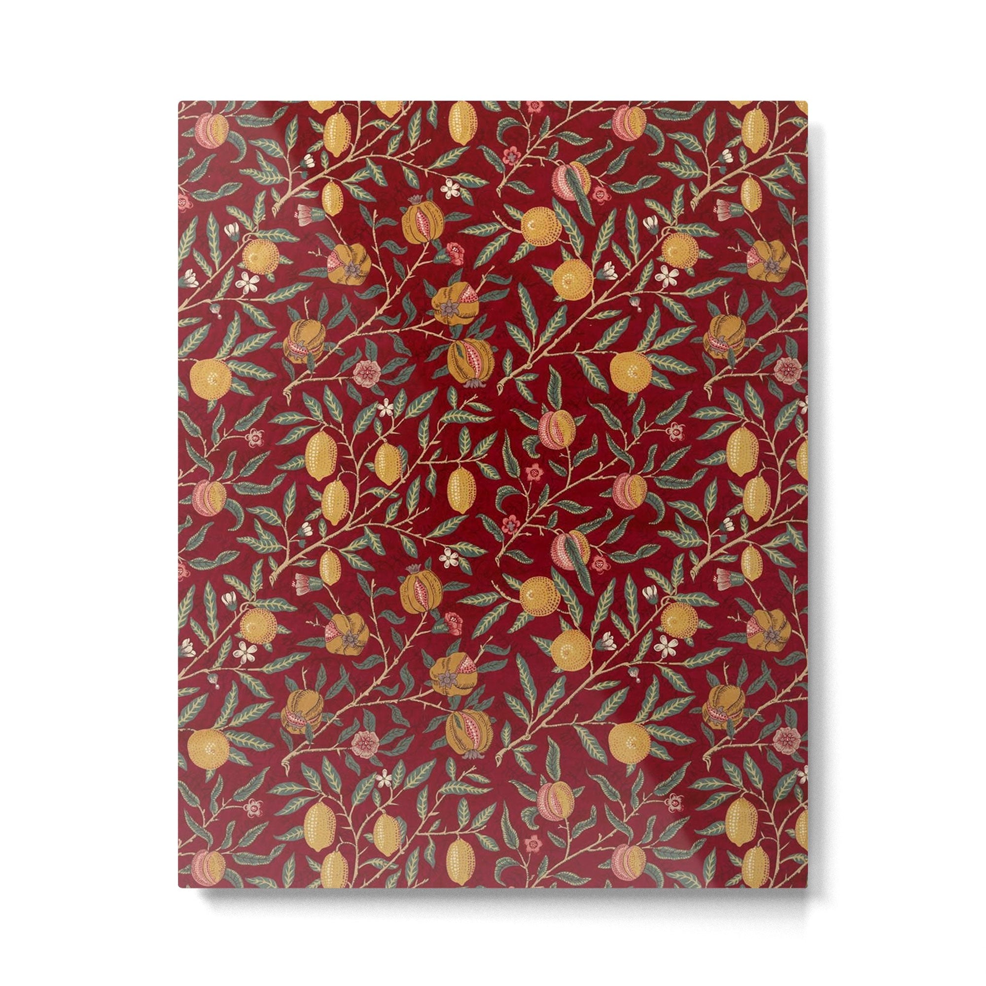 William Morris Vintage Pomegranate Fruit Red Madder Bayleaf Pattern Metal Print | TeksDecor