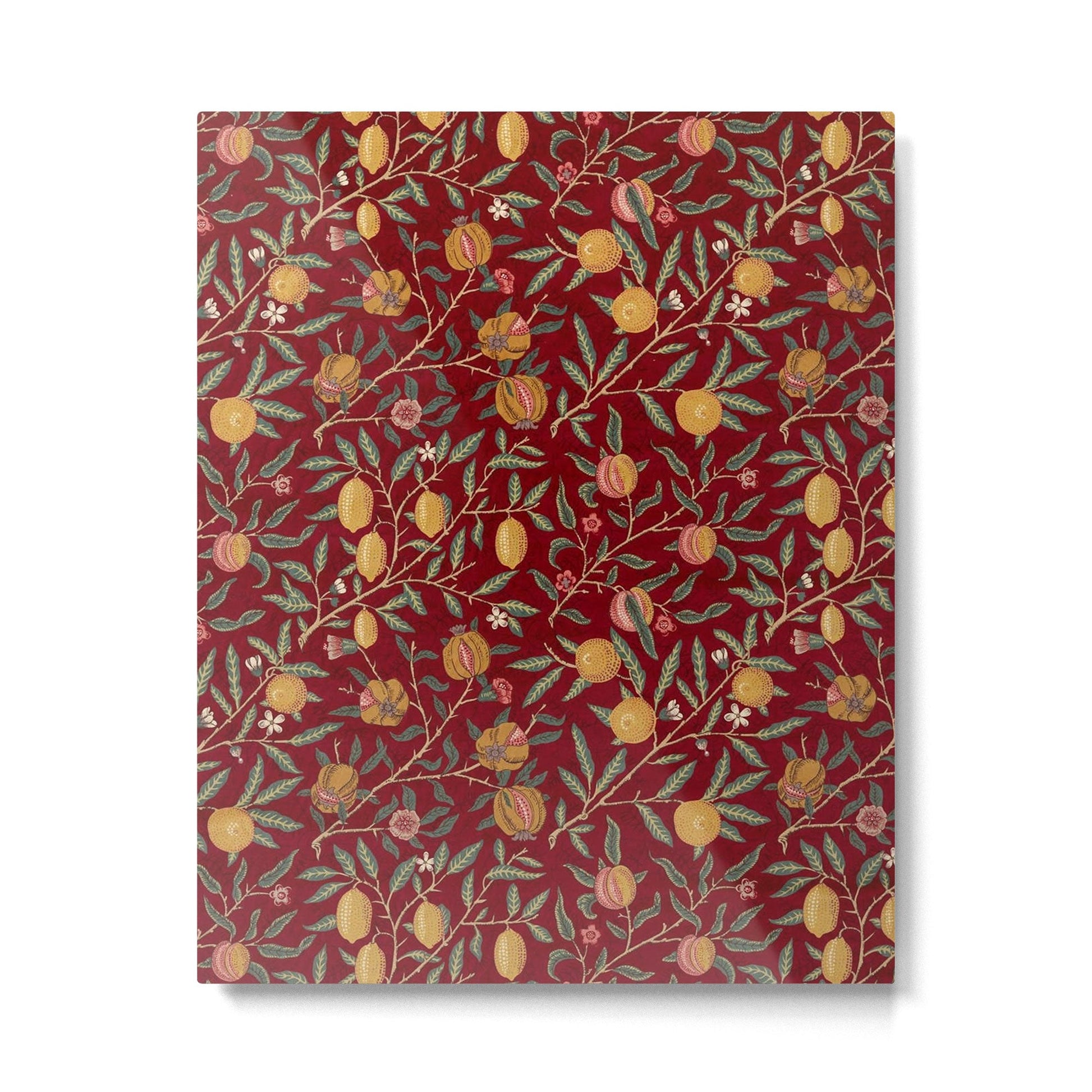 William Morris Vintage Pomegranate Fruit Red Madder Bayleaf Pattern Metal Print | TeksDecor