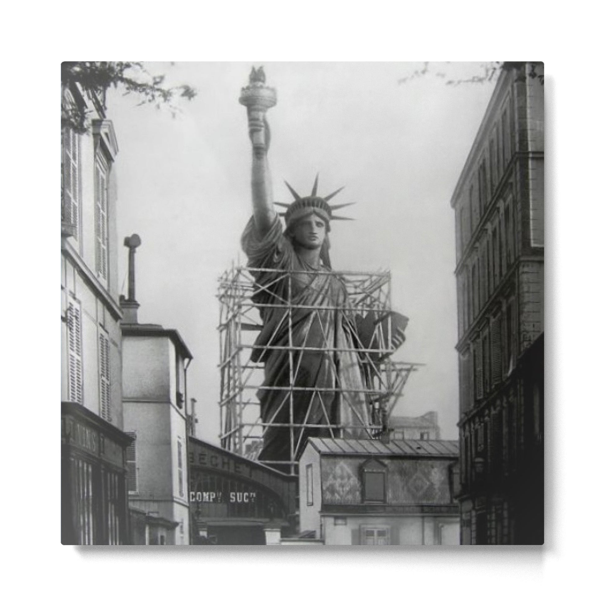 Piecing Together of the Architecture of the Statue Of Liberty In Paris, 1886 black and white photograph Metal Print | TeksDecor