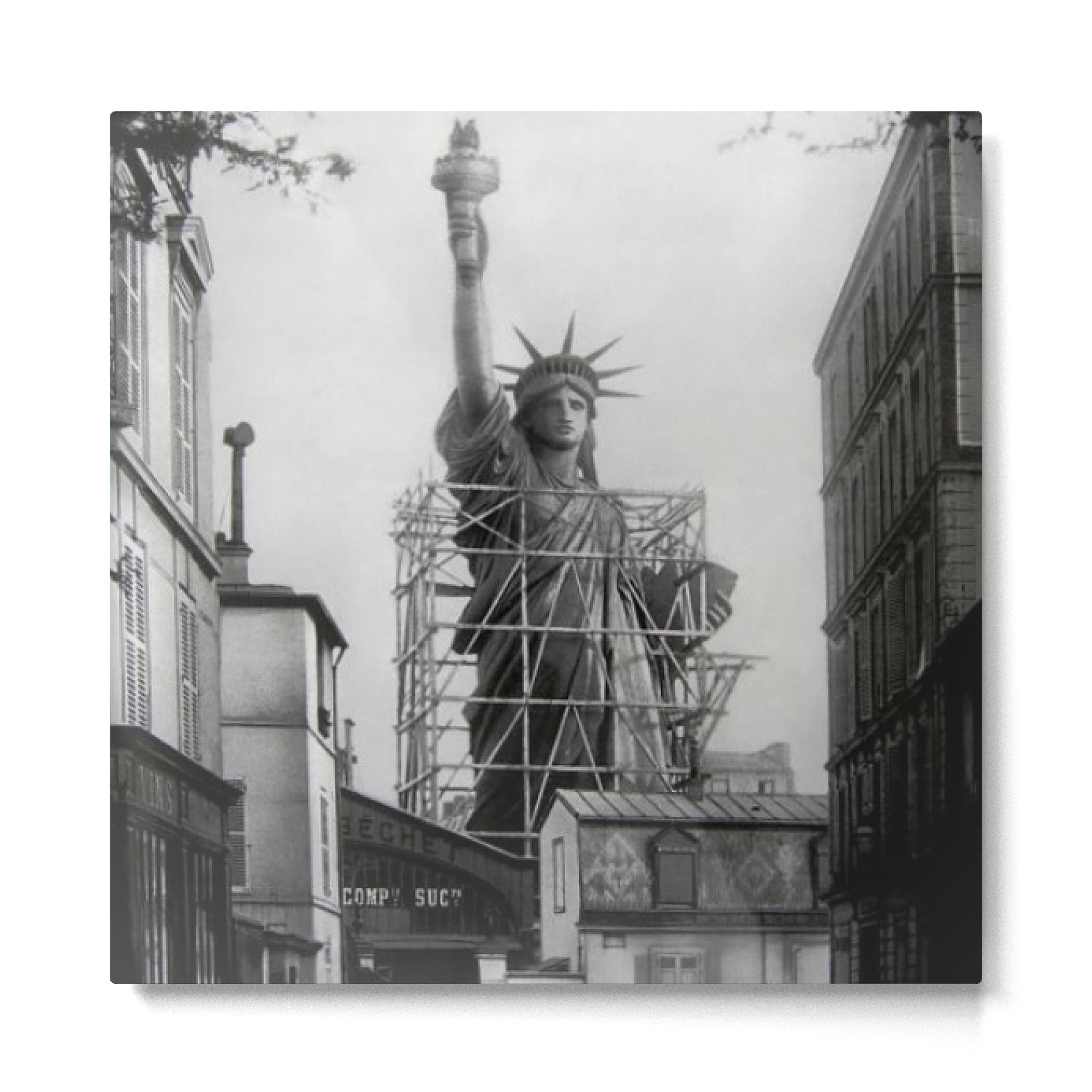 Piecing Together of the Architecture of the Statue Of Liberty In Paris, 1886 black and white photograph Metal Print | TeksDecor