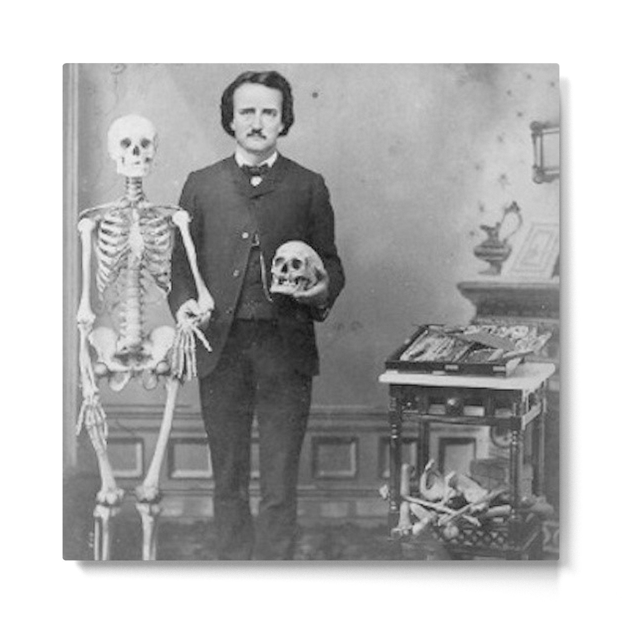 Edgar Allan Poe with Skull and Skeleton macabre black and white photograph Metal Print | TeksDecor