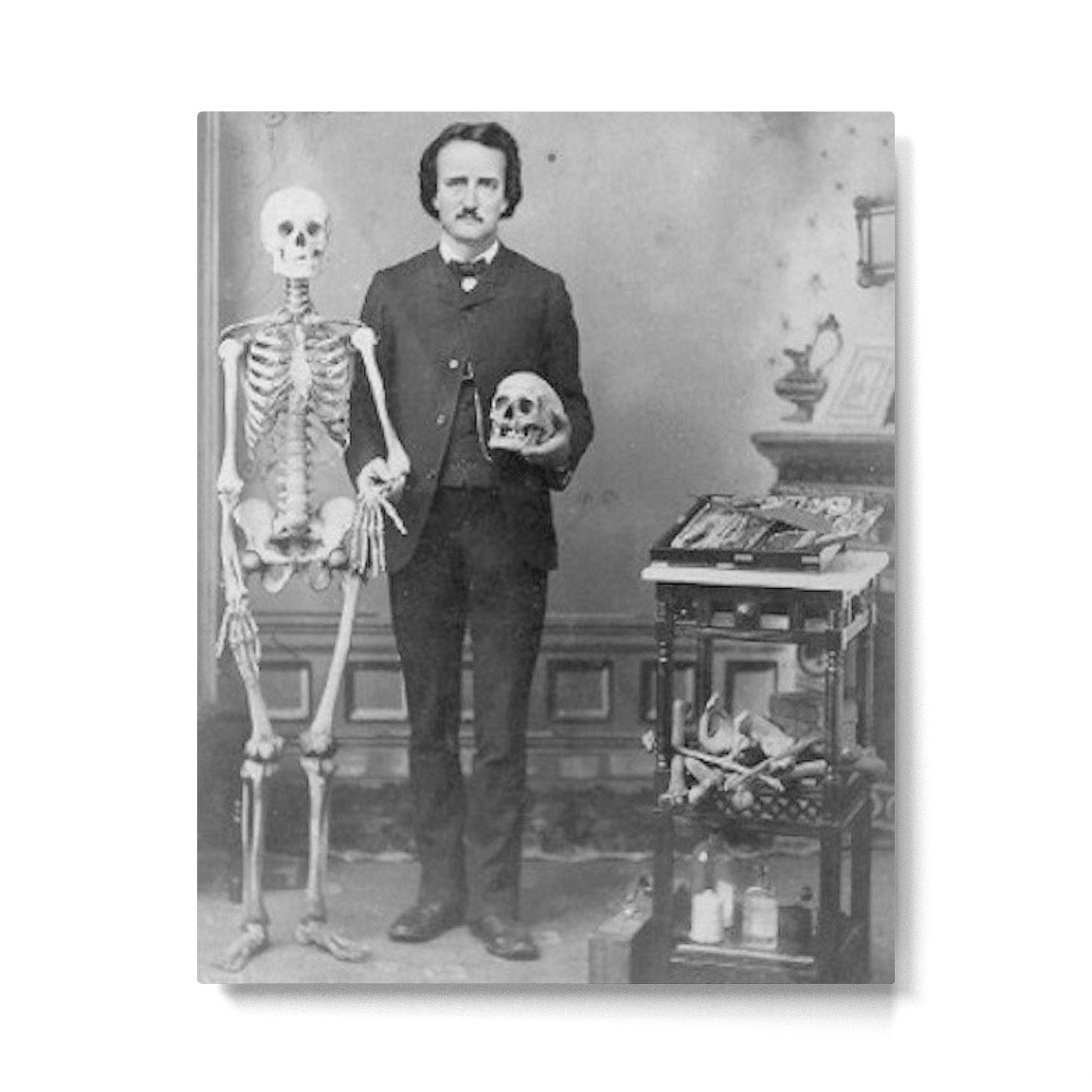 Edgar Allan Poe with Skull and Skeleton macabre black and white photograph Metal Print | TeksDecor