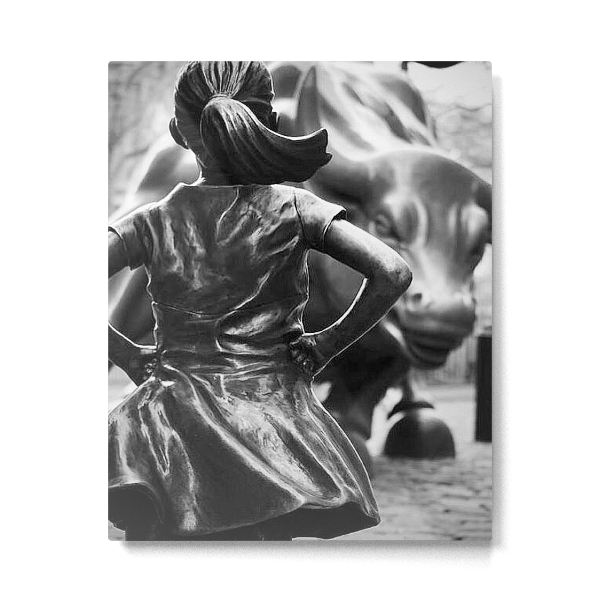 Fearless Girl facing down the Charging Bull statue of Wall Street black and white photography Metal Print | TeksDecor