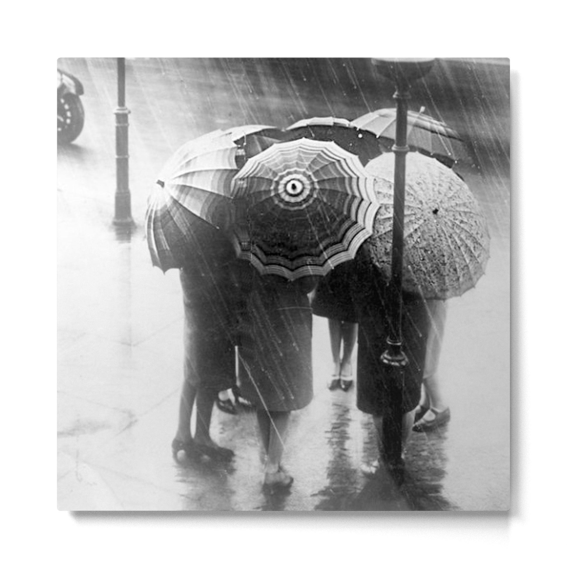 Friends in the Rain with Umbrellas black and white photography Metal Print | TeksDecor