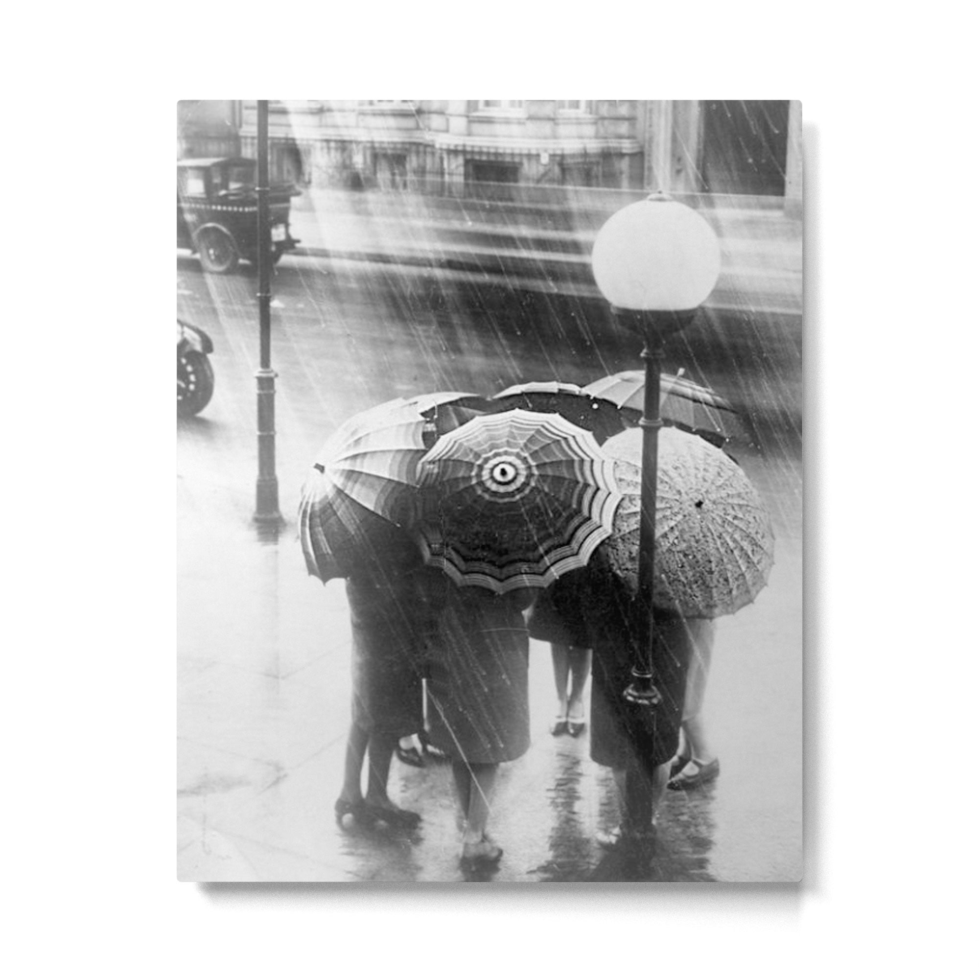 Friends in the Rain with Umbrellas black and white photography Metal Print | TeksDecor