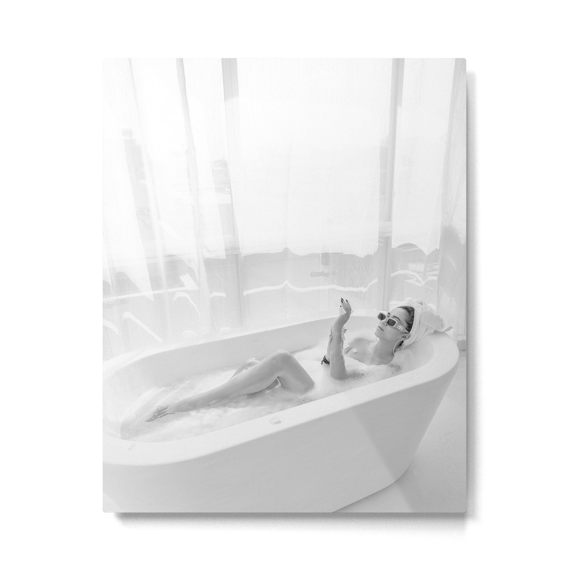 How to live, die, & stay cool in L.A. - Young woman in sunglasses taking a bath black and white photograph - photography - photographs Metal Print | TeksDecor