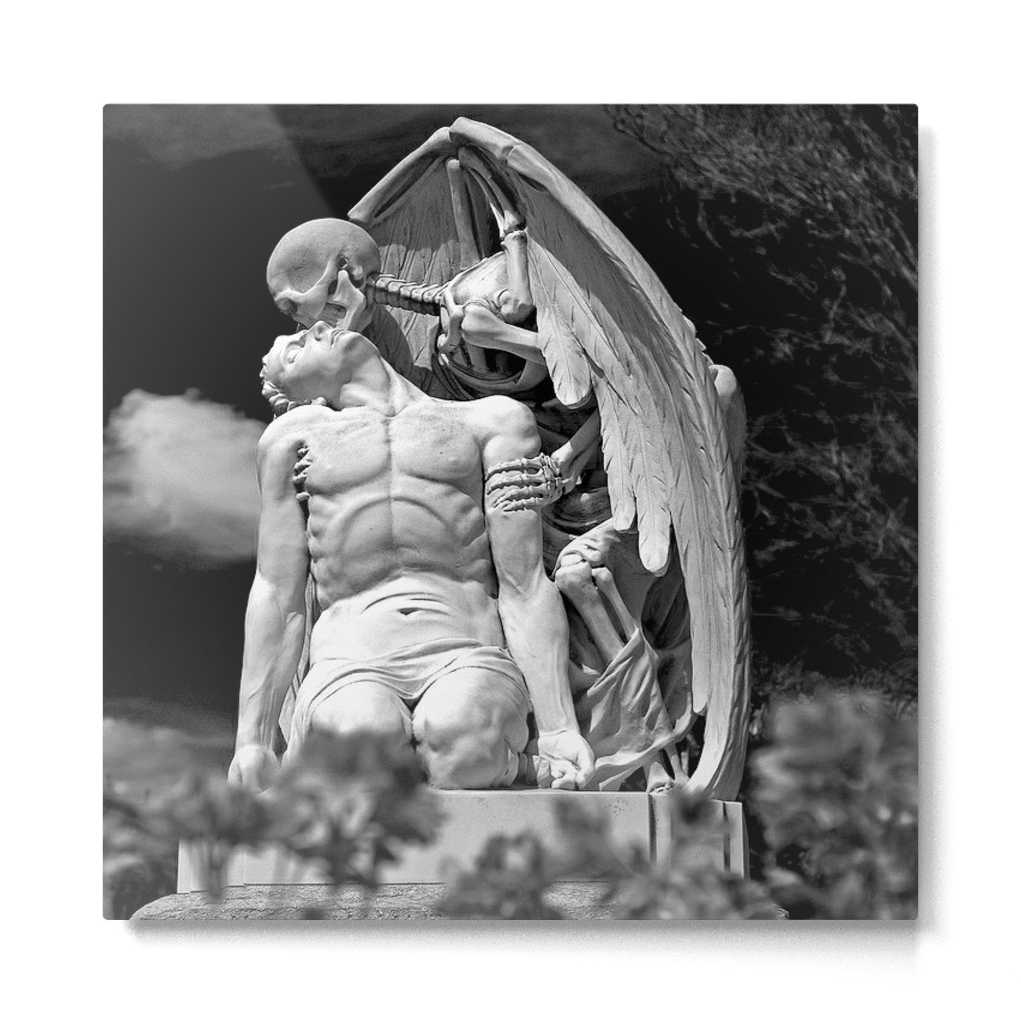 Kiss of Death, grave headstone winged angel of death marble sculpture and man Barcelona, Spain  Metal Print | TeksDecor