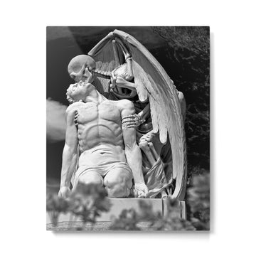 Kiss of Death, grave headstone winged angel of death marble sculpture and man Barcelona, Spain  Metal Print | TeksDecor