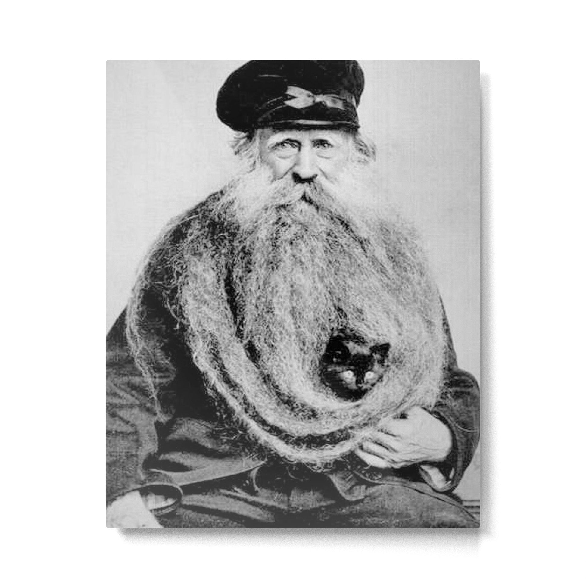 Kitten in the Beard of Old Man black and white photograph Metal Print | TeksDecor