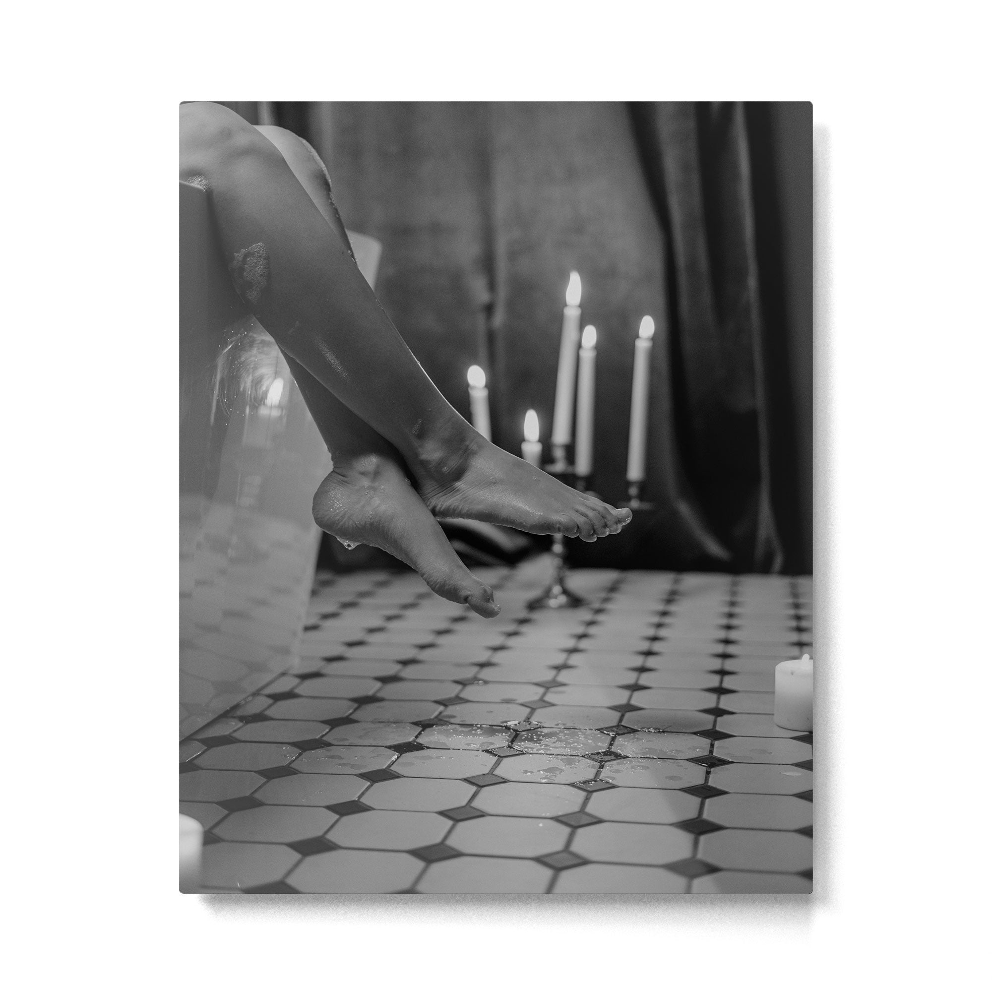 Let it all hang out; female portrait with candles in the bathtub black and white photograph - photography - photographs Metal Print | TeksDecor