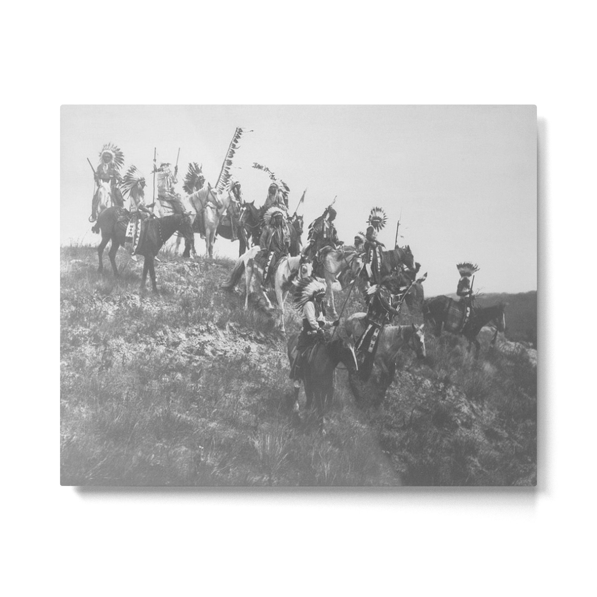 Oglala War Party Native American Oglala tribe in full headdress black and white photograph Metal Print | TeksDecor