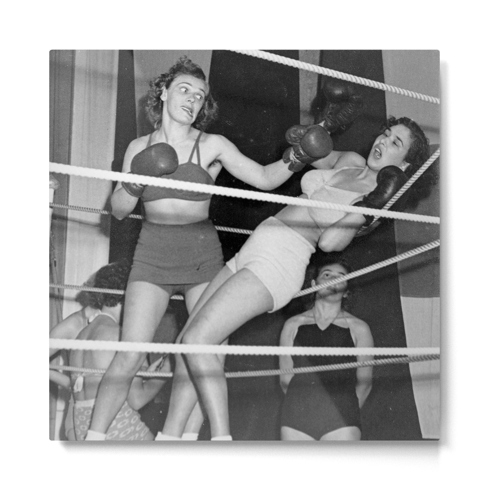 Oh, no she didn't! female boxer knocking out other female boxer vintage sports black and white photograph - photography - photographs Metal Print | TeksDecor