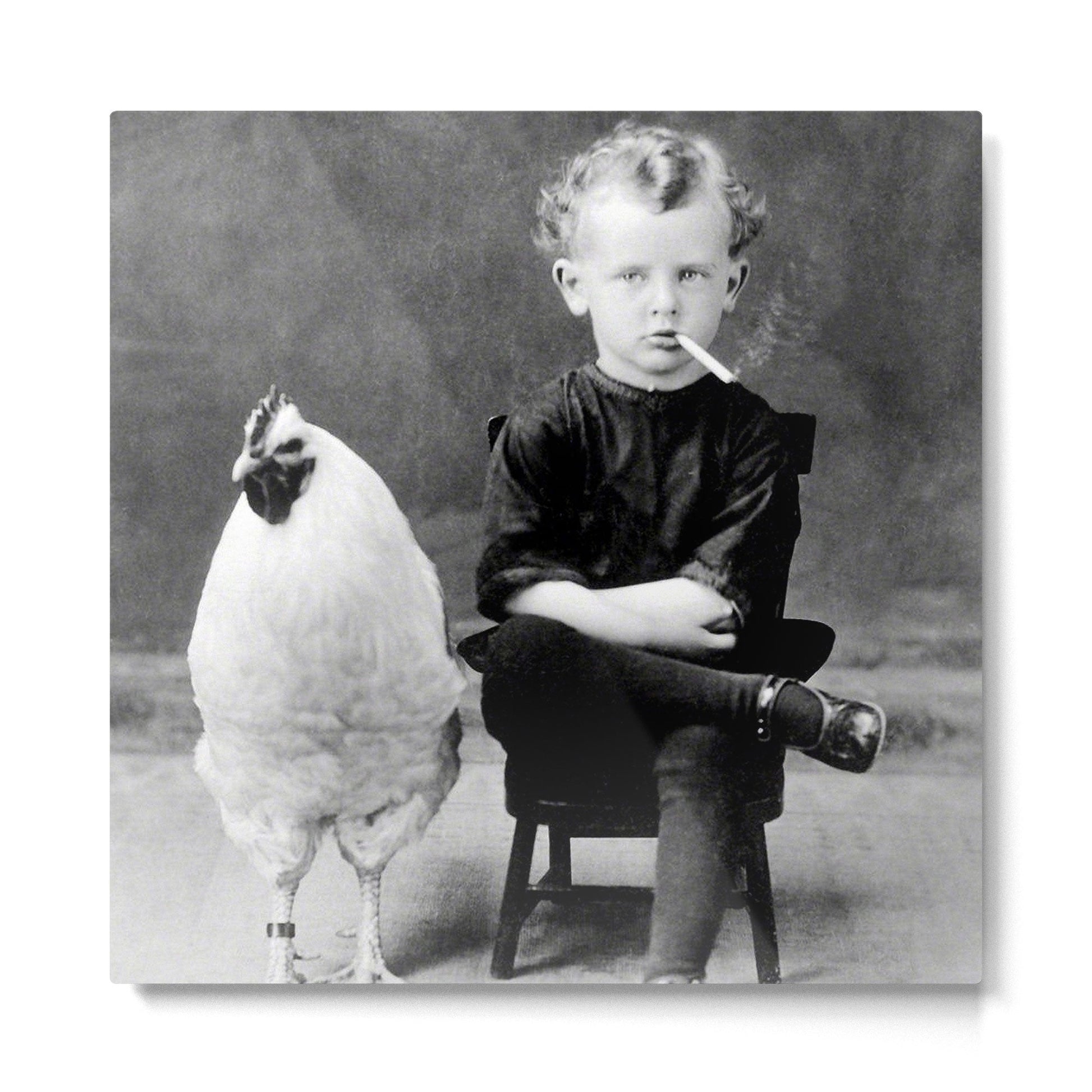 Smoking Boy with Chicken black and white photograph - photography - photographs Metal Print | TeksDecor