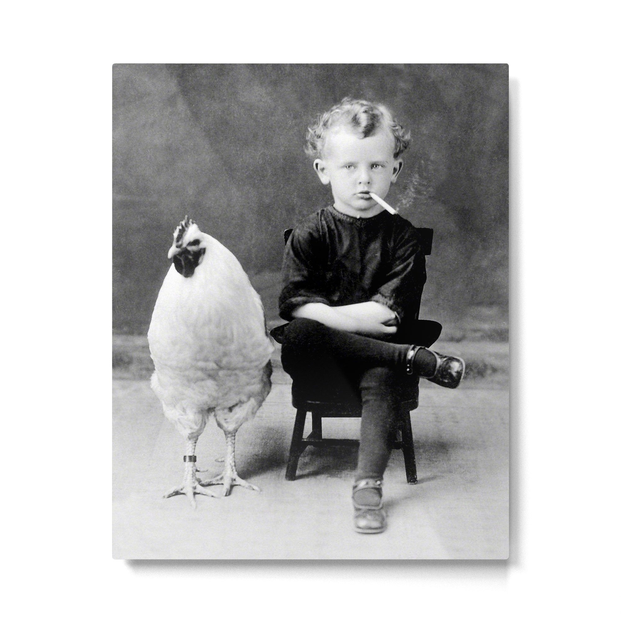 Smoking Boy with Chicken black and white photograph - photography - photographs Metal Print | TeksDecor