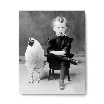 Smoking Boy with Chicken black and white photograph - photography - photographs Metal Print | TeksDecor
