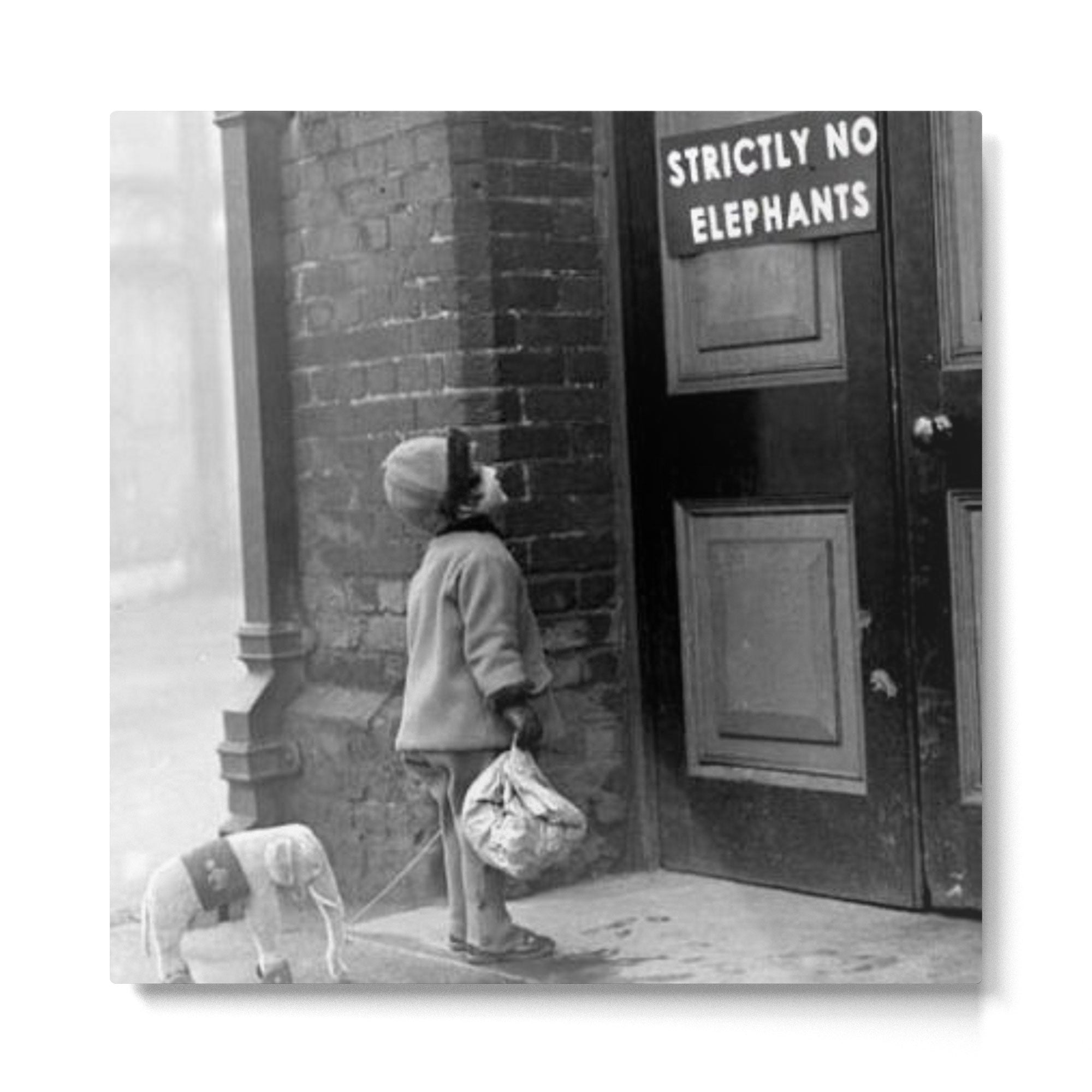 Strictly No Elephants' vintage humorous child verses the world black and white photograph / black and white photography Metal Print | TeksDecor
