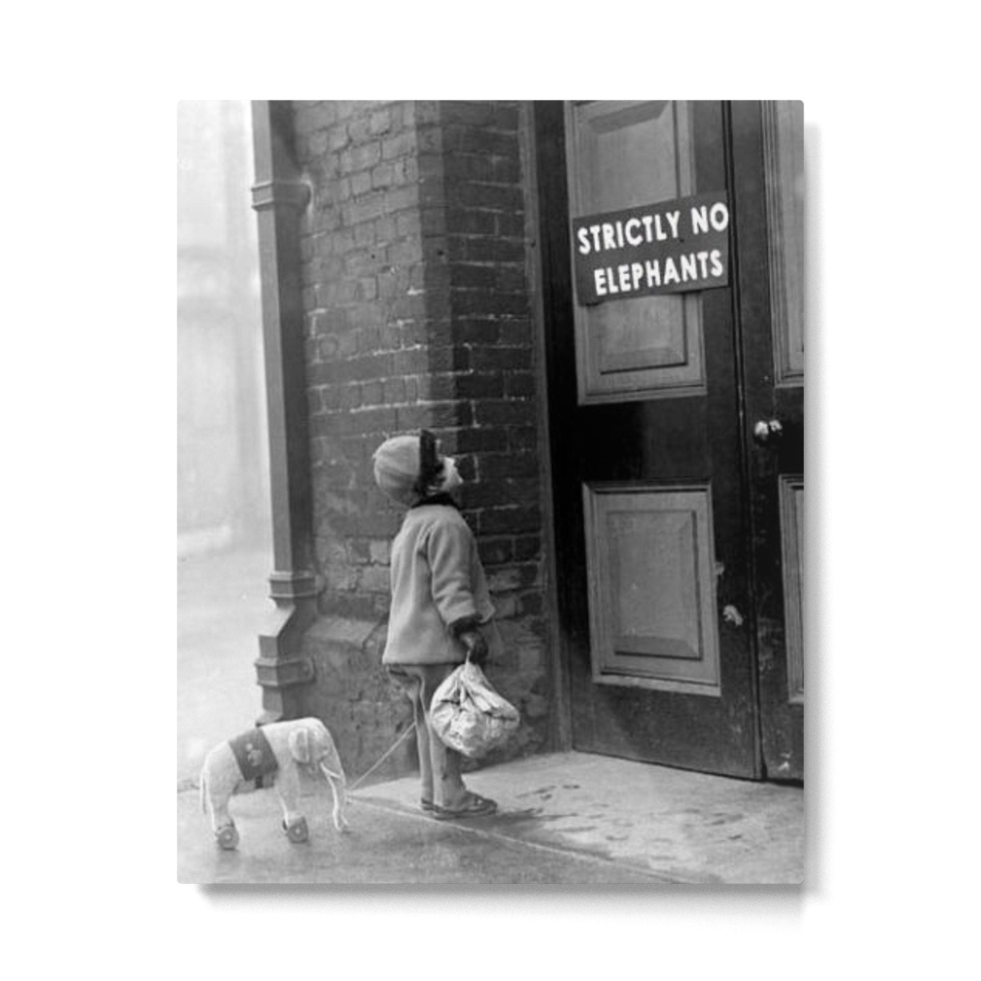 Strictly No Elephants' vintage humorous child verses the world black and white photograph / black and white photography Metal Print | TeksDecor