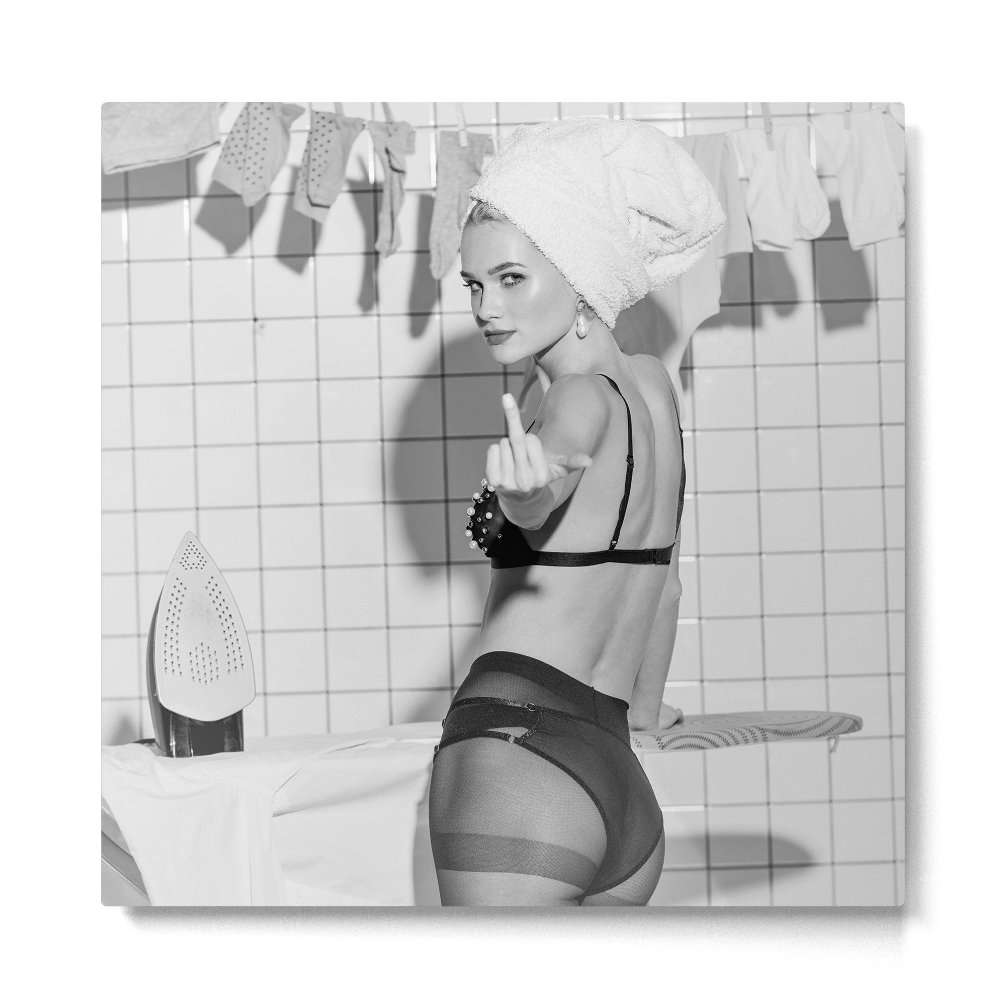 Romans!  Citizens!  Trolls!  Bad boyfriends!  Neo-conservatives we present to you The Birds of Springs humorous blond housewife giving the middle finger (the bird) black and white photograph - photography - photographs by Vitalik Radko Metal Print