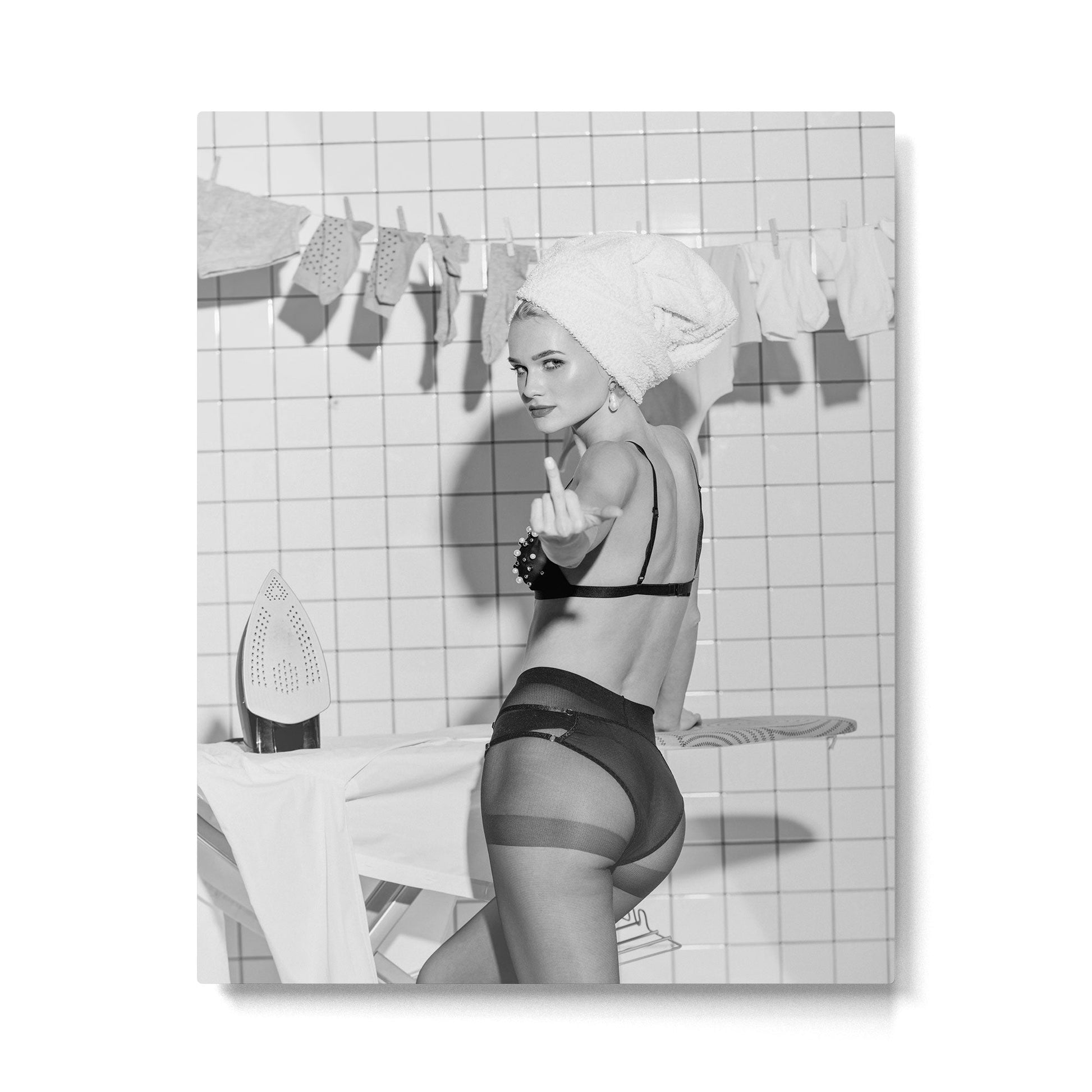 Romans!  Citizens!  Trolls!  Bad boyfriends!  Neo-conservatives we present to you The Birds of Springs humorous blond housewife giving the middle finger (the bird) black and white photograph - photography - photographs by Vitalik Radko Metal Print