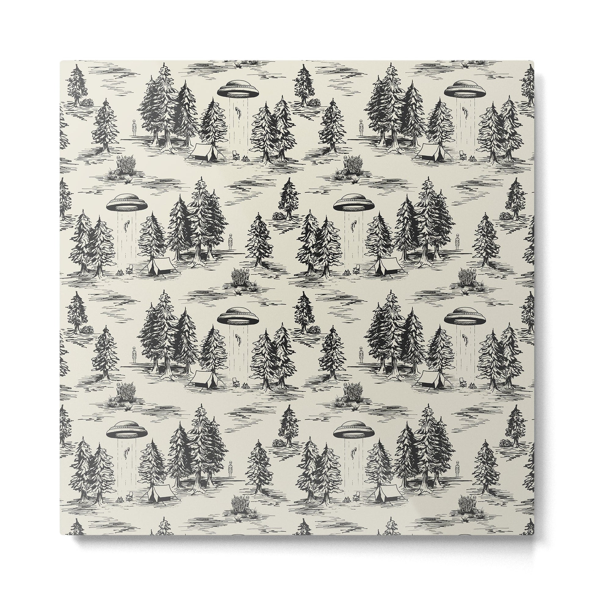 Black Alien Abduction Toile De Jouy Pattern Metal Print | TeksDecor