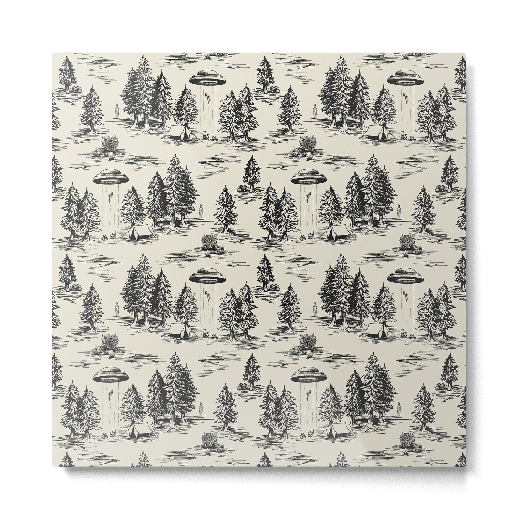 Black Alien Abduction Toile De Jouy Pattern Metal Print | TeksDecor