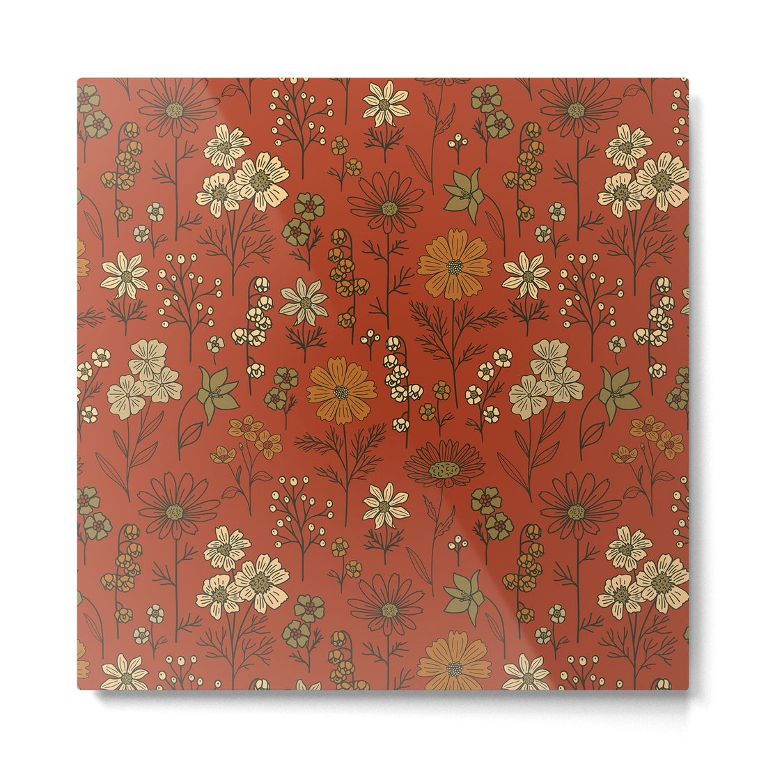 Burnt Orange & Olive Green Floral Metal Print | TeksDecor